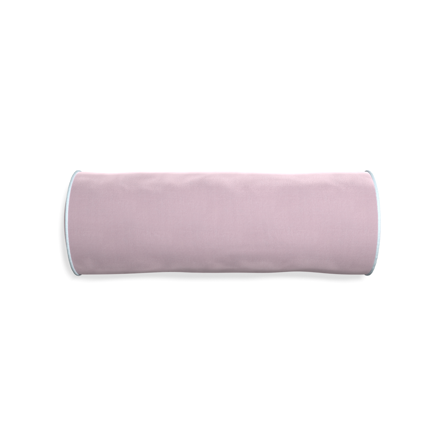 Bolster lilac velvet custom pillow with powder piping on white background