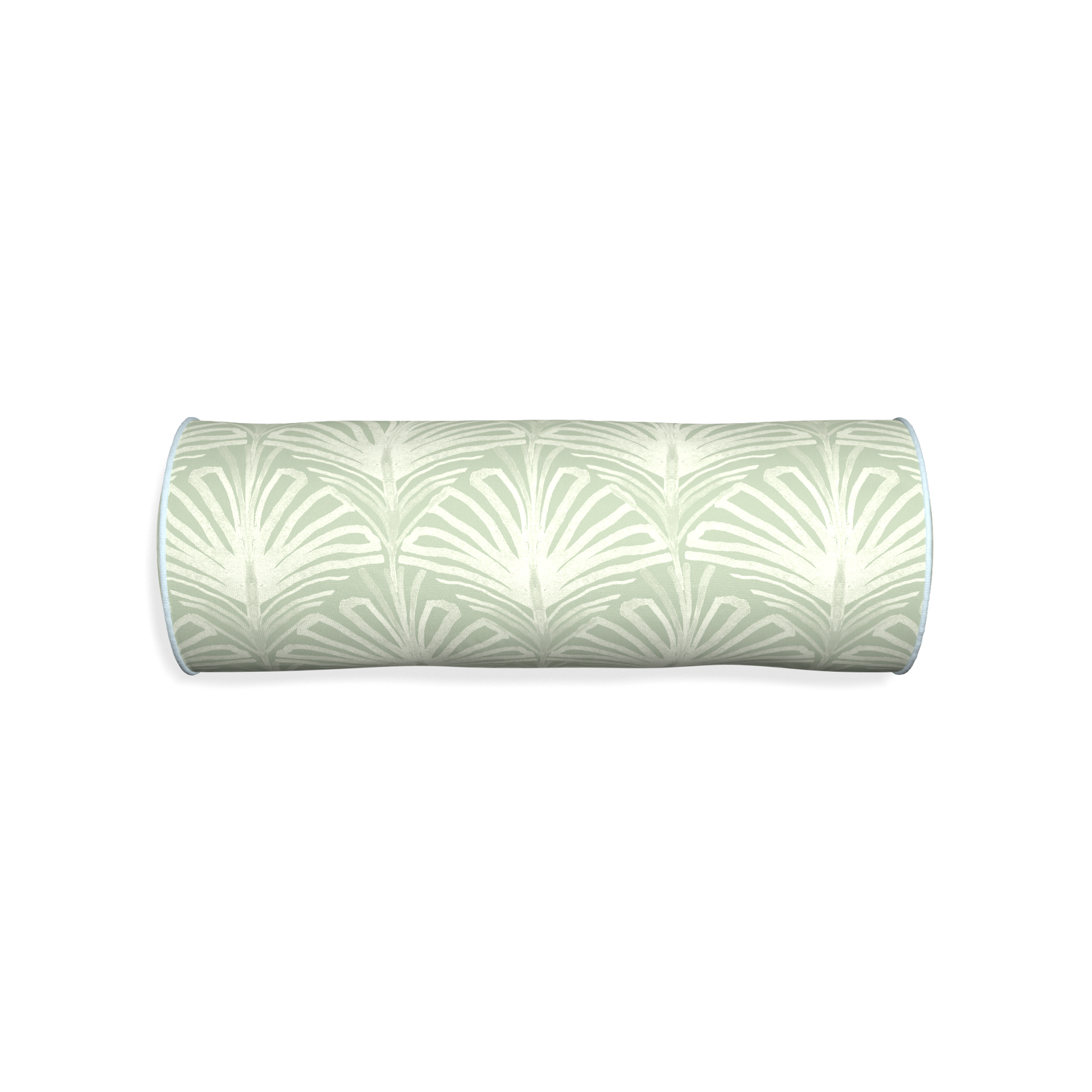 Bolster suzy sage custom pillow with powder piping on white background
