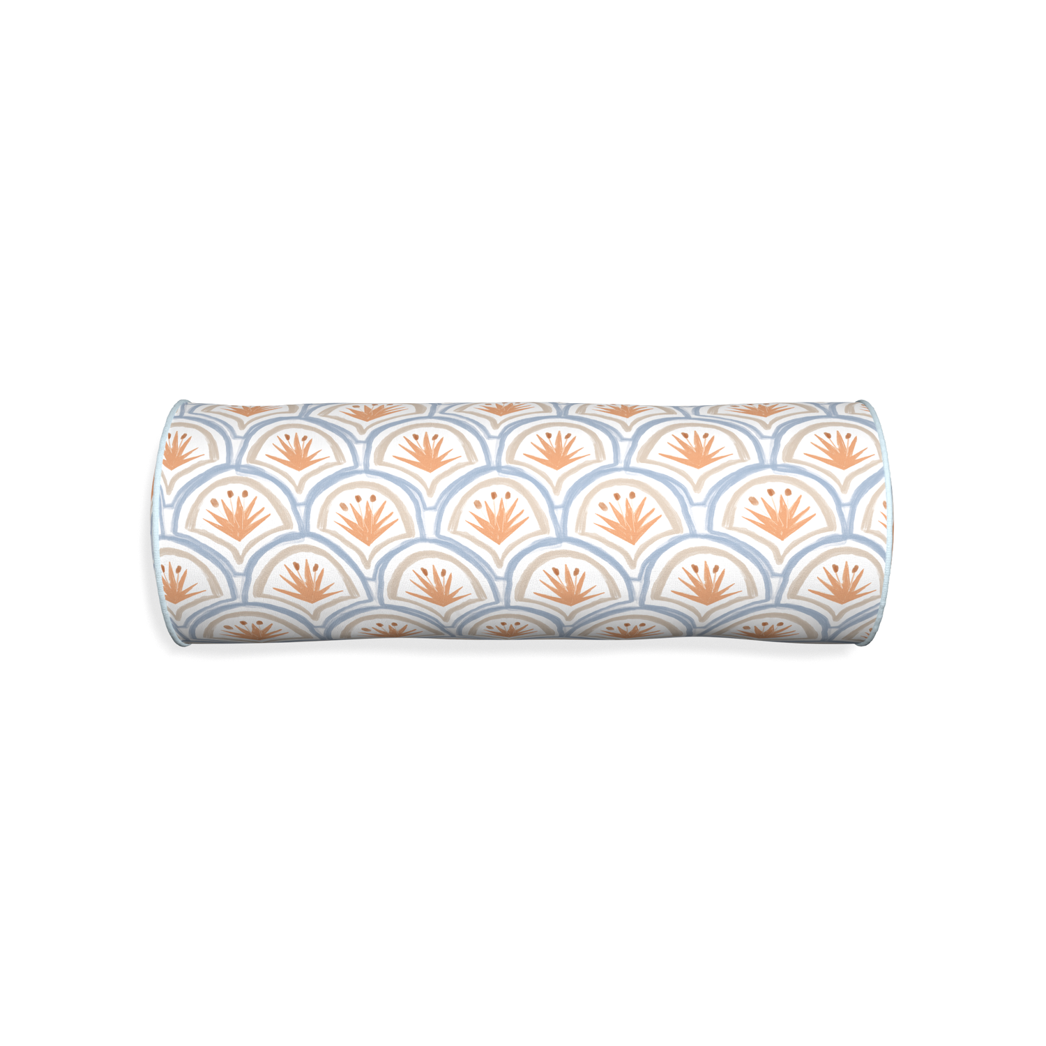 Bolster thatcher apricot custom pillow with powder piping on white background