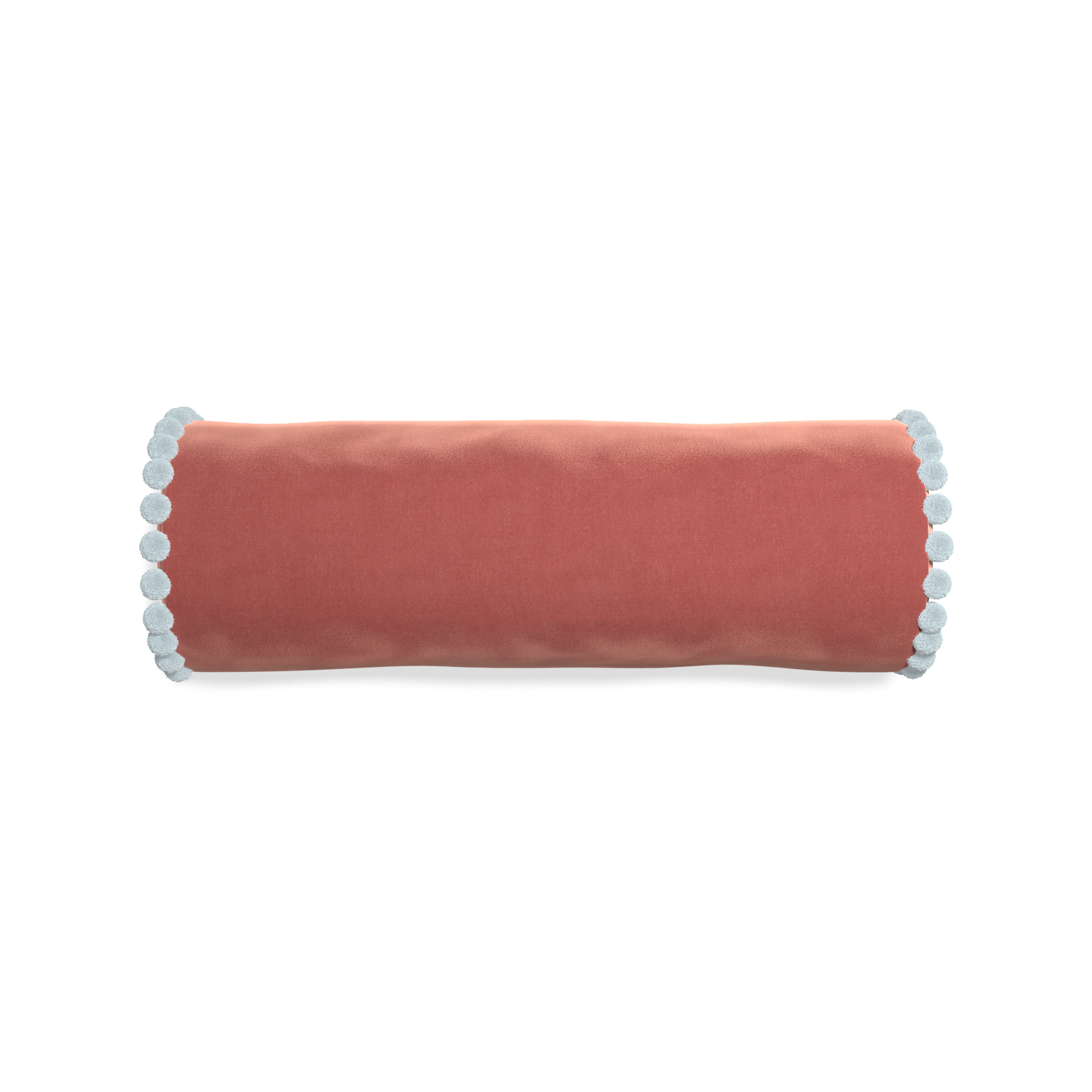 bolster coral velvet pillow with light blue pom poms