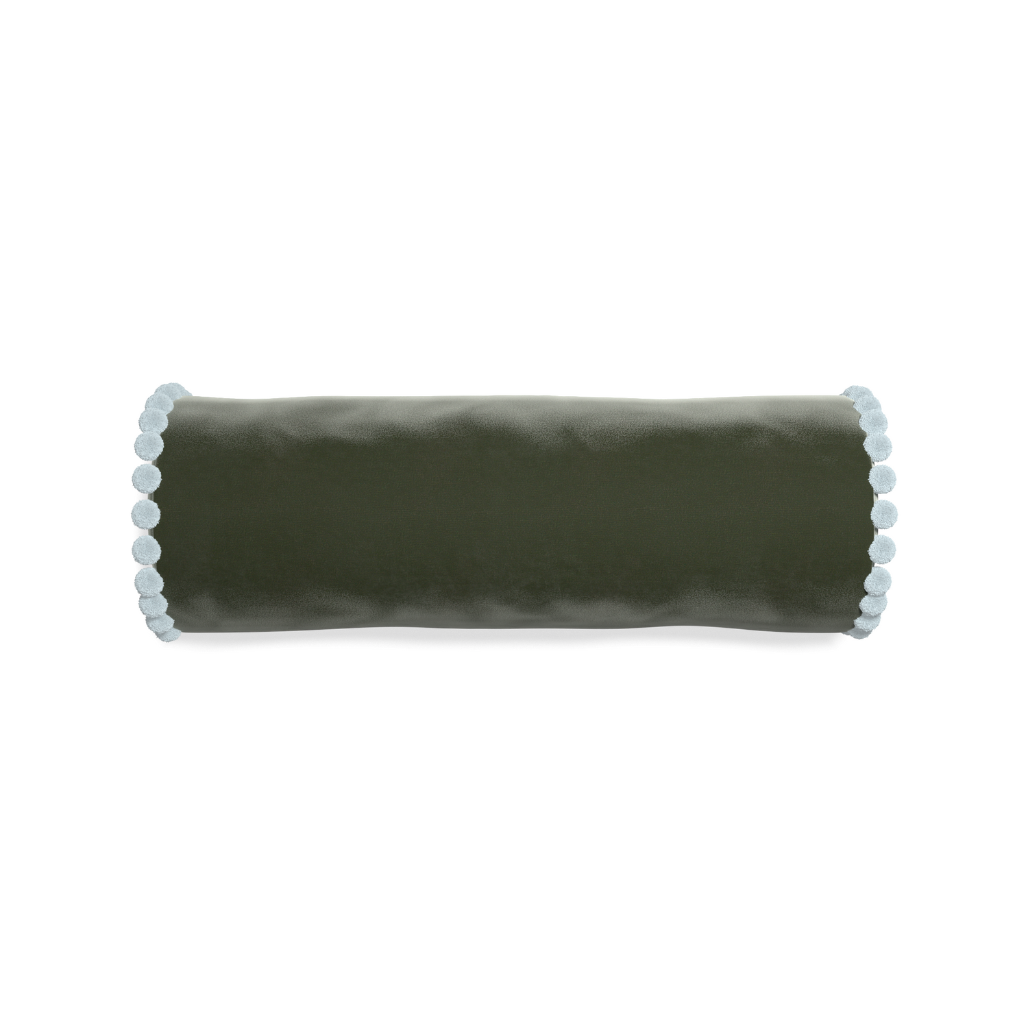 bolster fern green velvet pillow with light blue pom poms