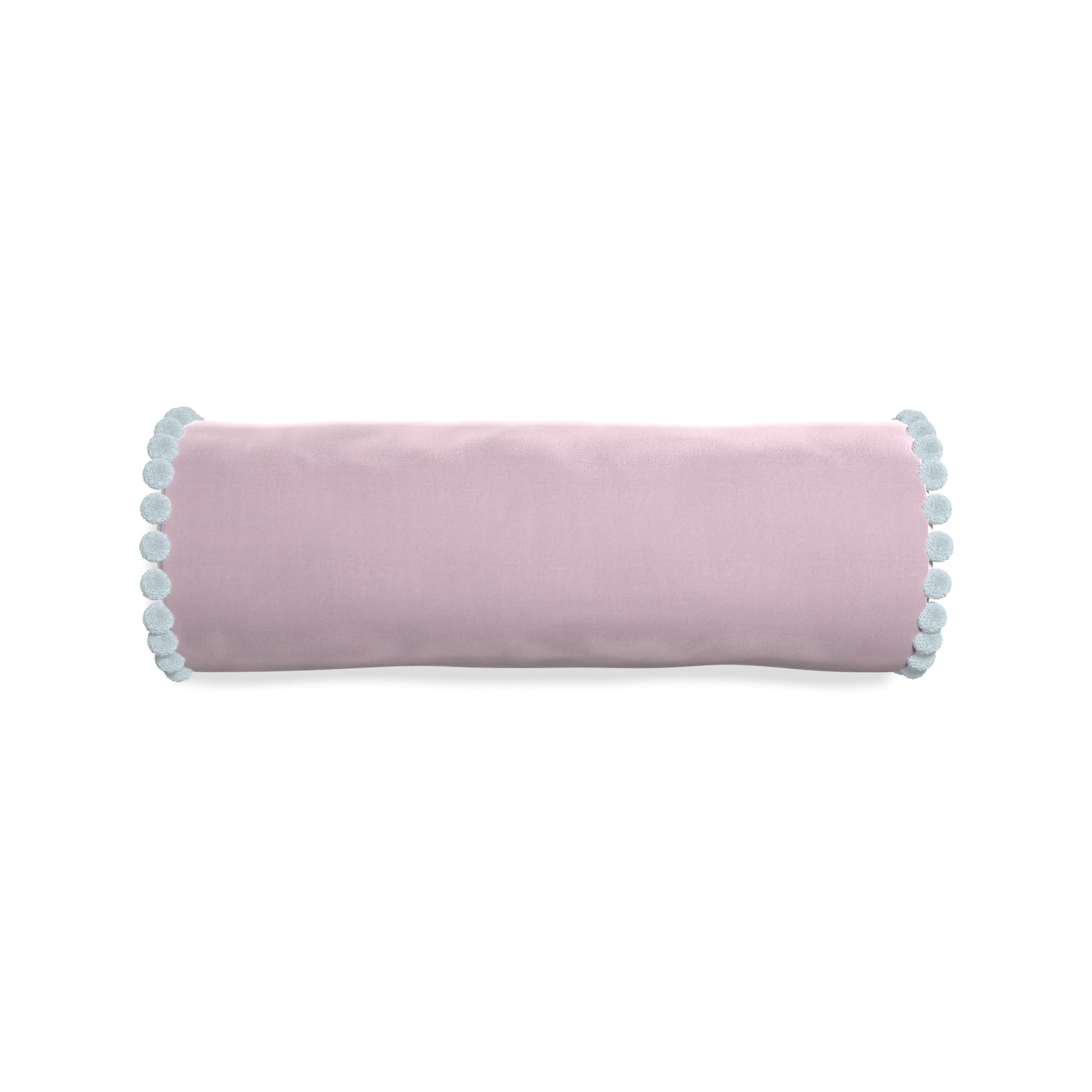 Bolster lilac velvet custom pillow with powder pom pom on white background