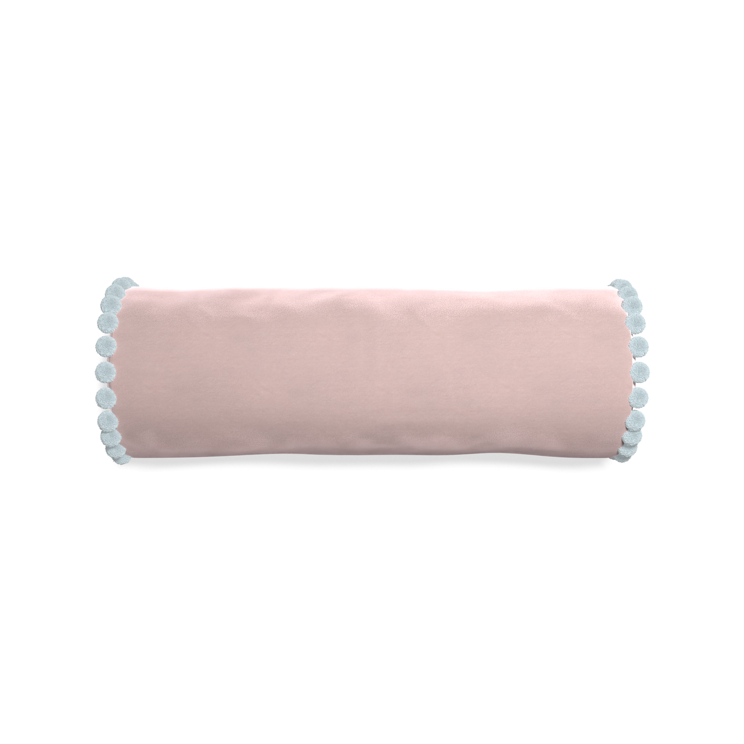 Bolster rose velvet custom pillow with powder pom pom on white background