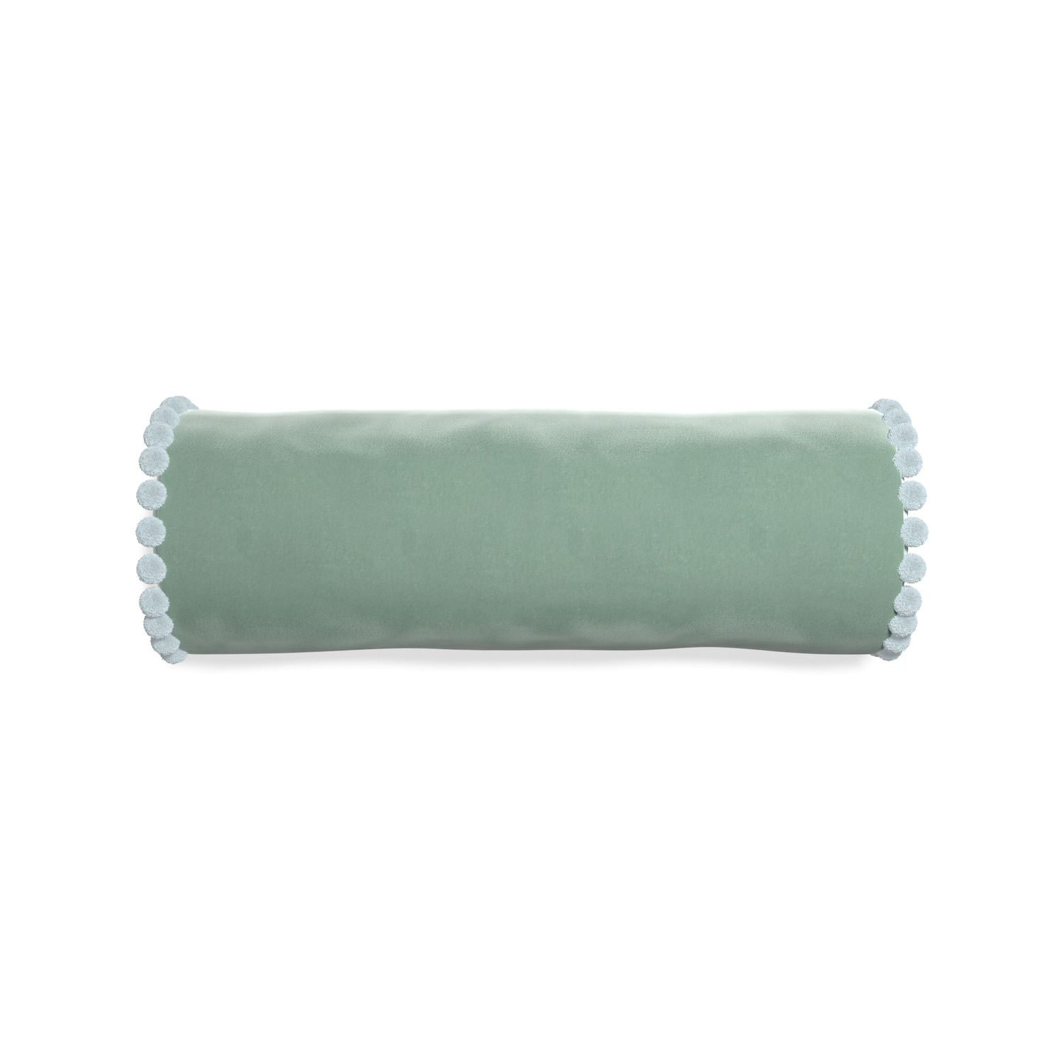 bolster blue green velvet pillow with light blue pom poms