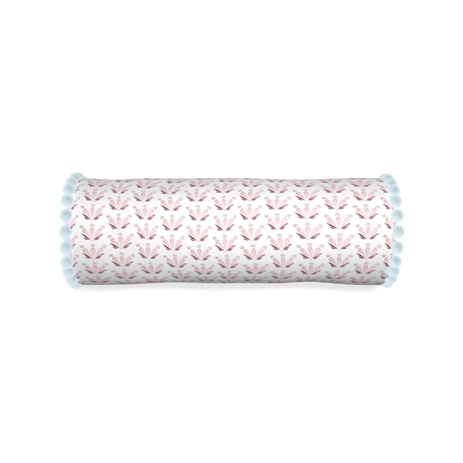 Bolster serena pink custom pink & burgundy drop repeat floralpillow with powder pom pom on white background