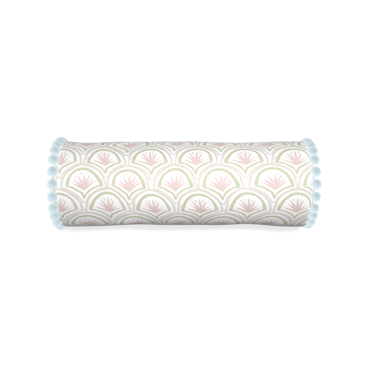 Bolster thatcher rose custom pink & green palmpillow with powder pom pom on white background