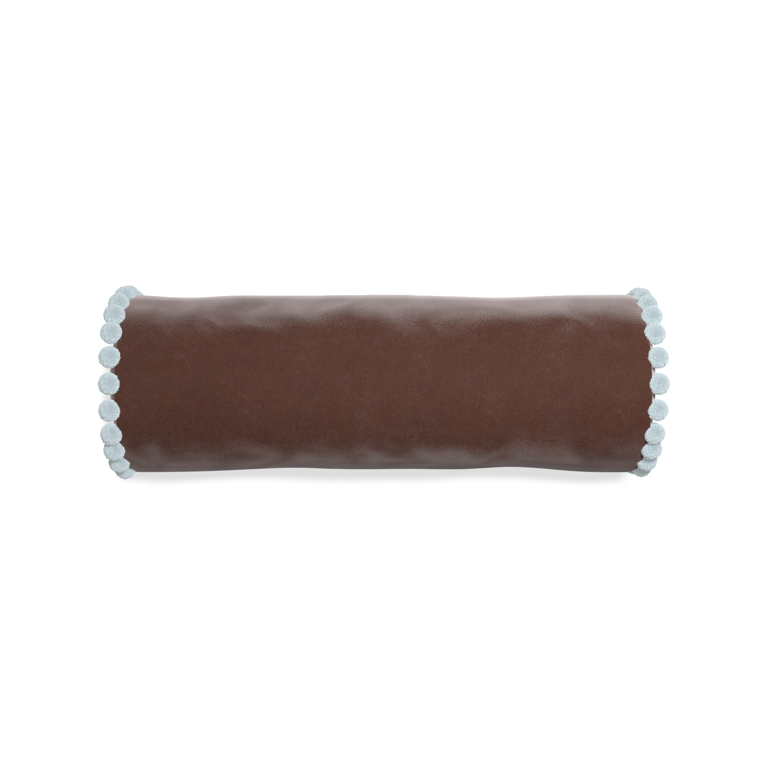 bolster brown velvet pillow with light blue pom poms