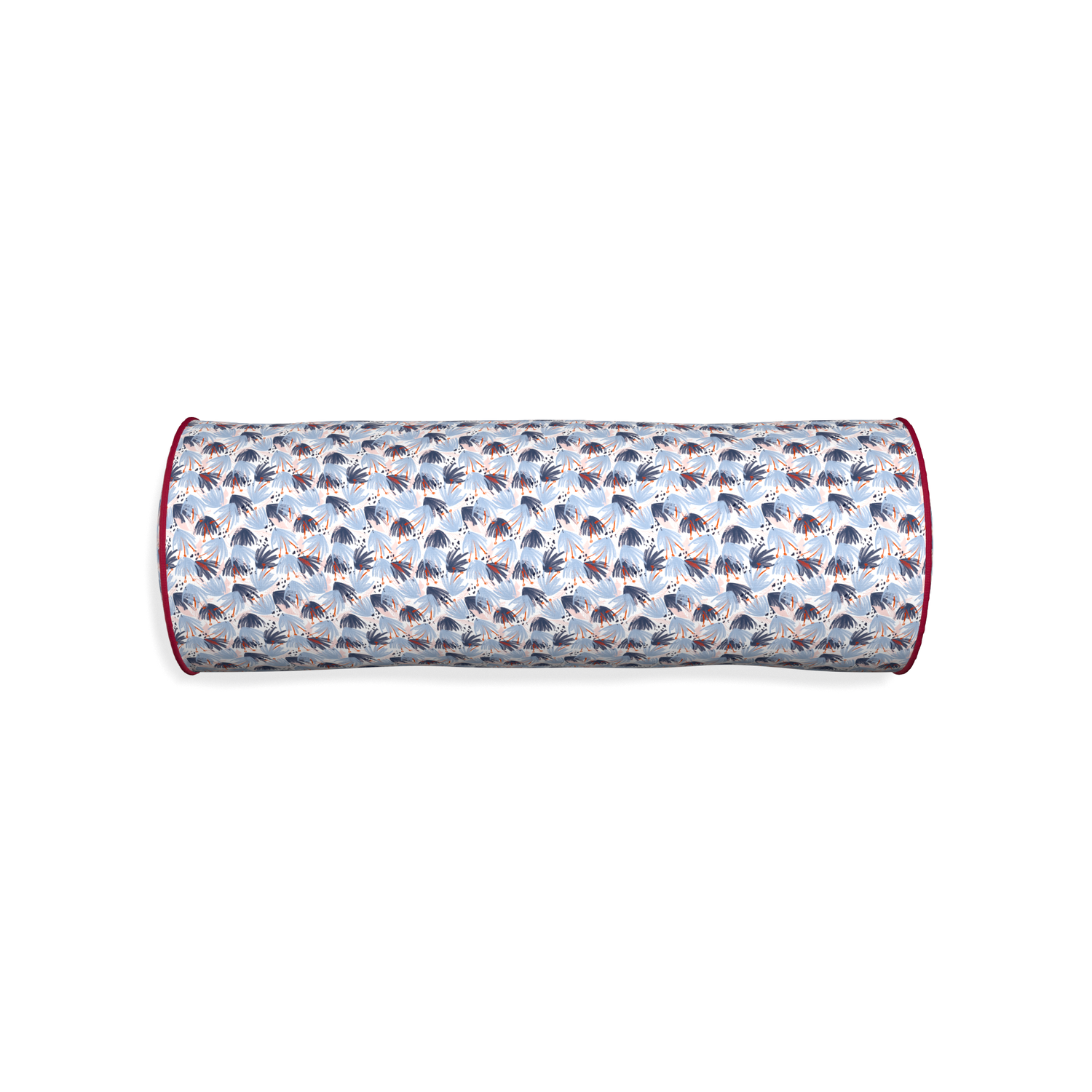 Bolster eden blue custom red and bluepillow with raspberry piping on white background
