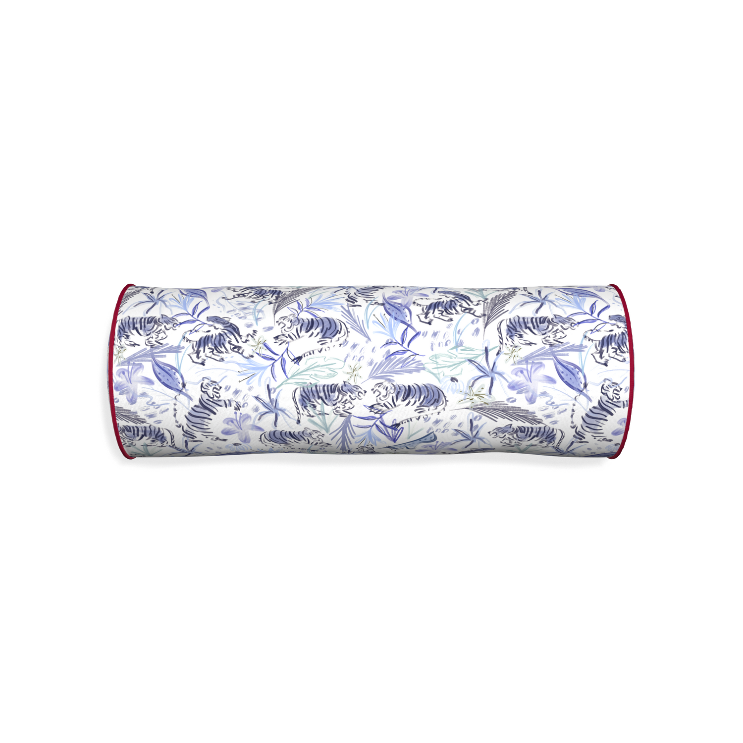 Bolster frida blue custom blue with intricate tiger designpillow with raspberry piping on white background