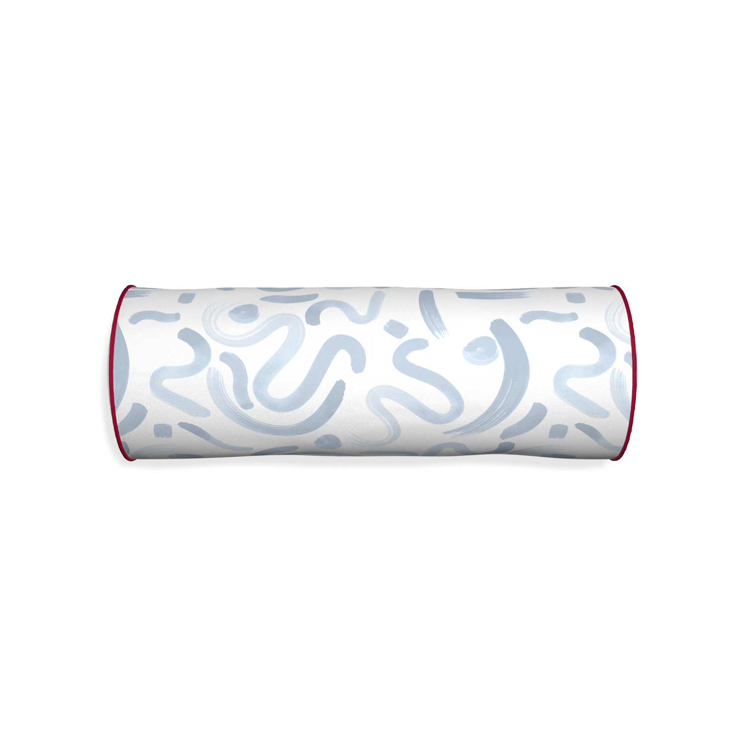 Bolster hockney sky custom abstract sky bluepillow with raspberry piping on white background