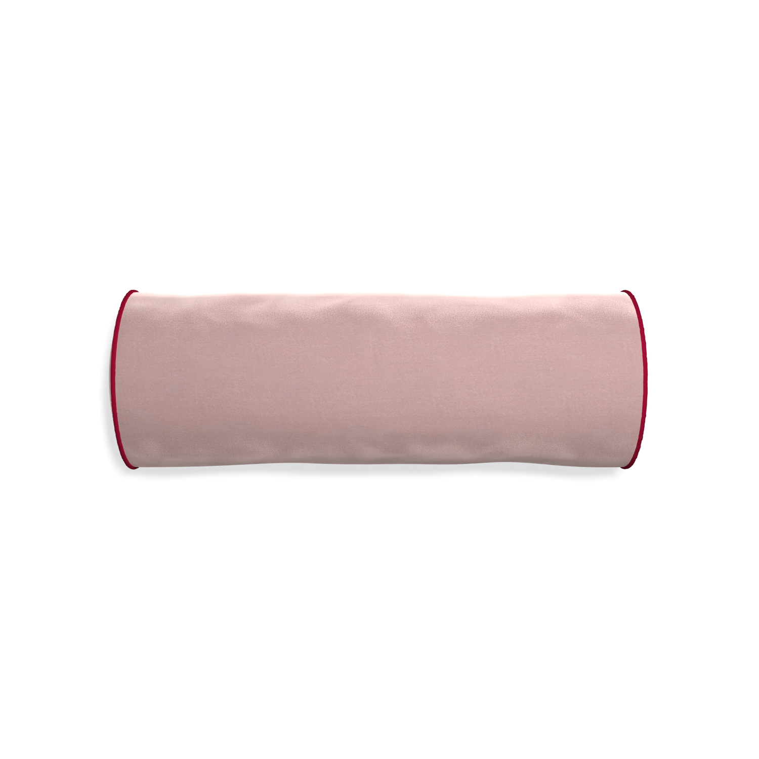 Bolster mauve velvet custom pillow with raspberry piping on white background