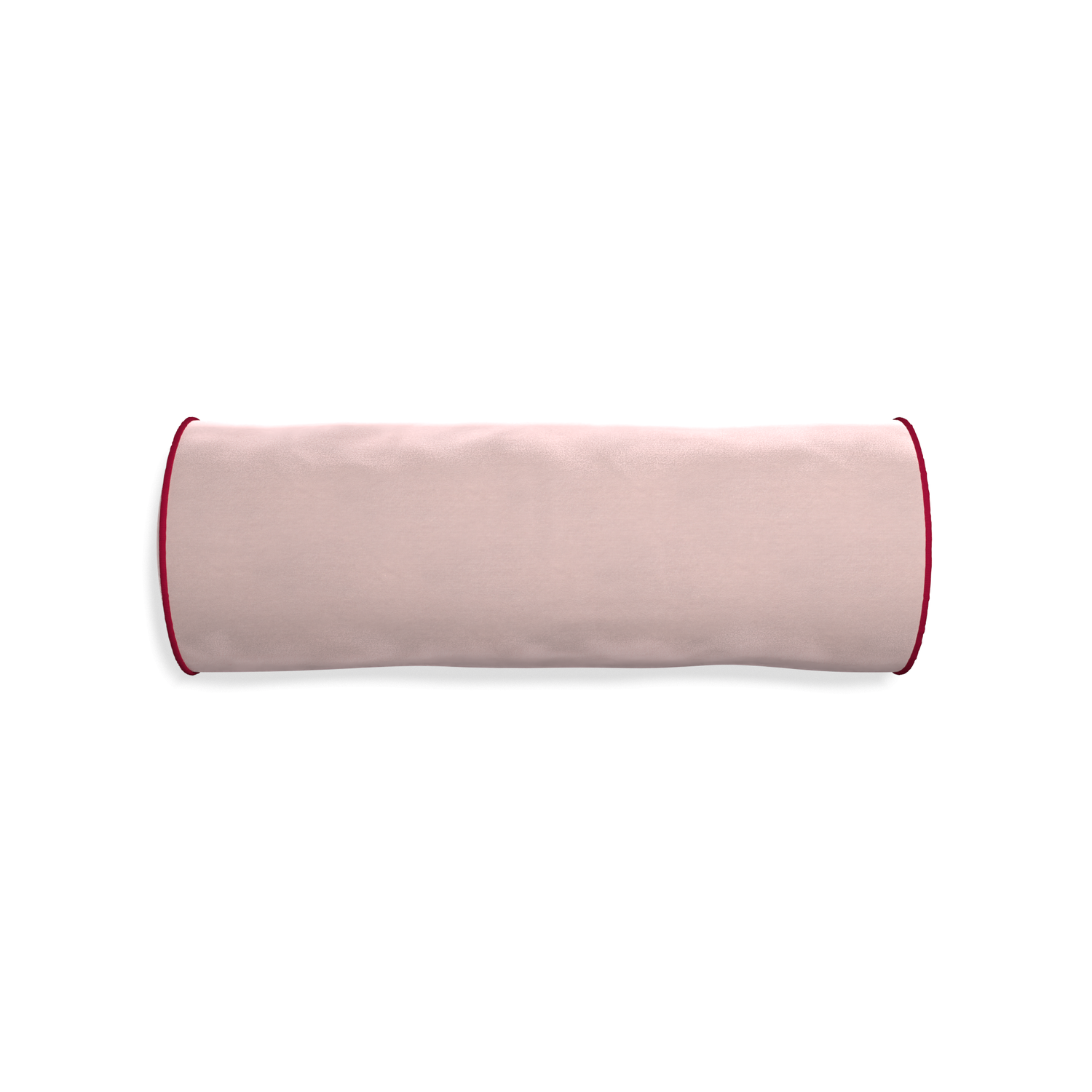 Bolster rose velvet custom pillow with raspberry piping on white background