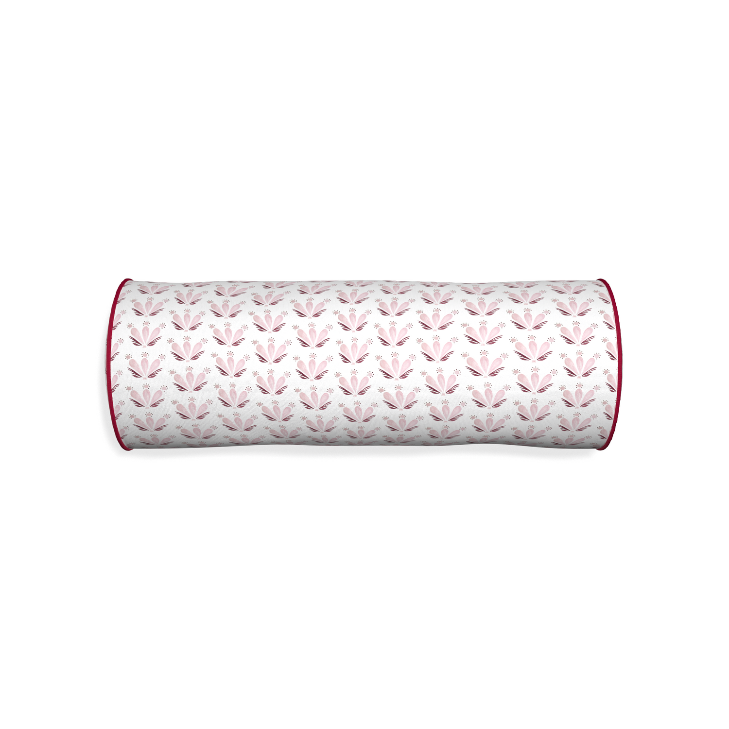 Bolster serena pink custom pink & burgundy drop repeat floralpillow with raspberry piping on white background