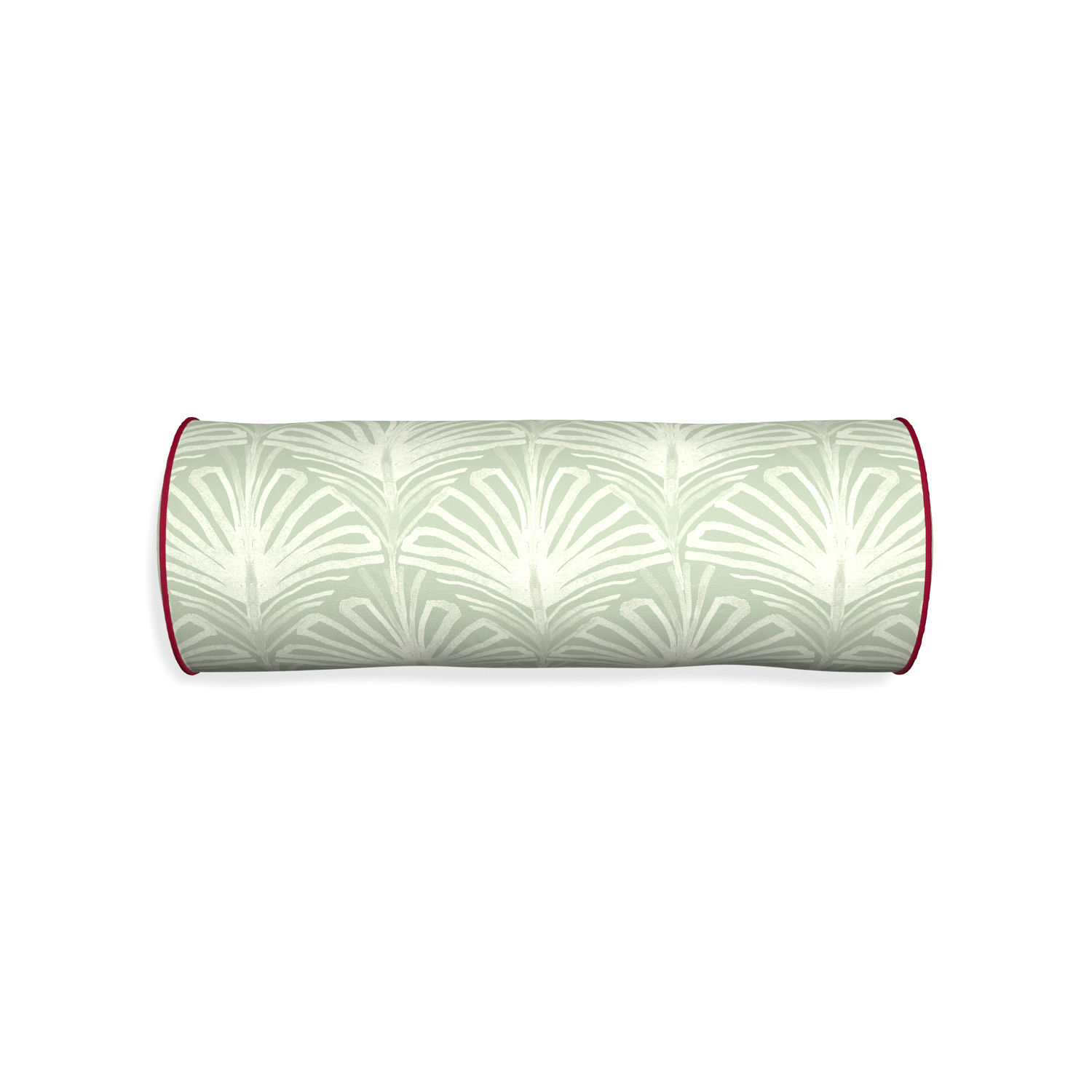 Bolster suzy sage custom pillow with raspberry piping on white background