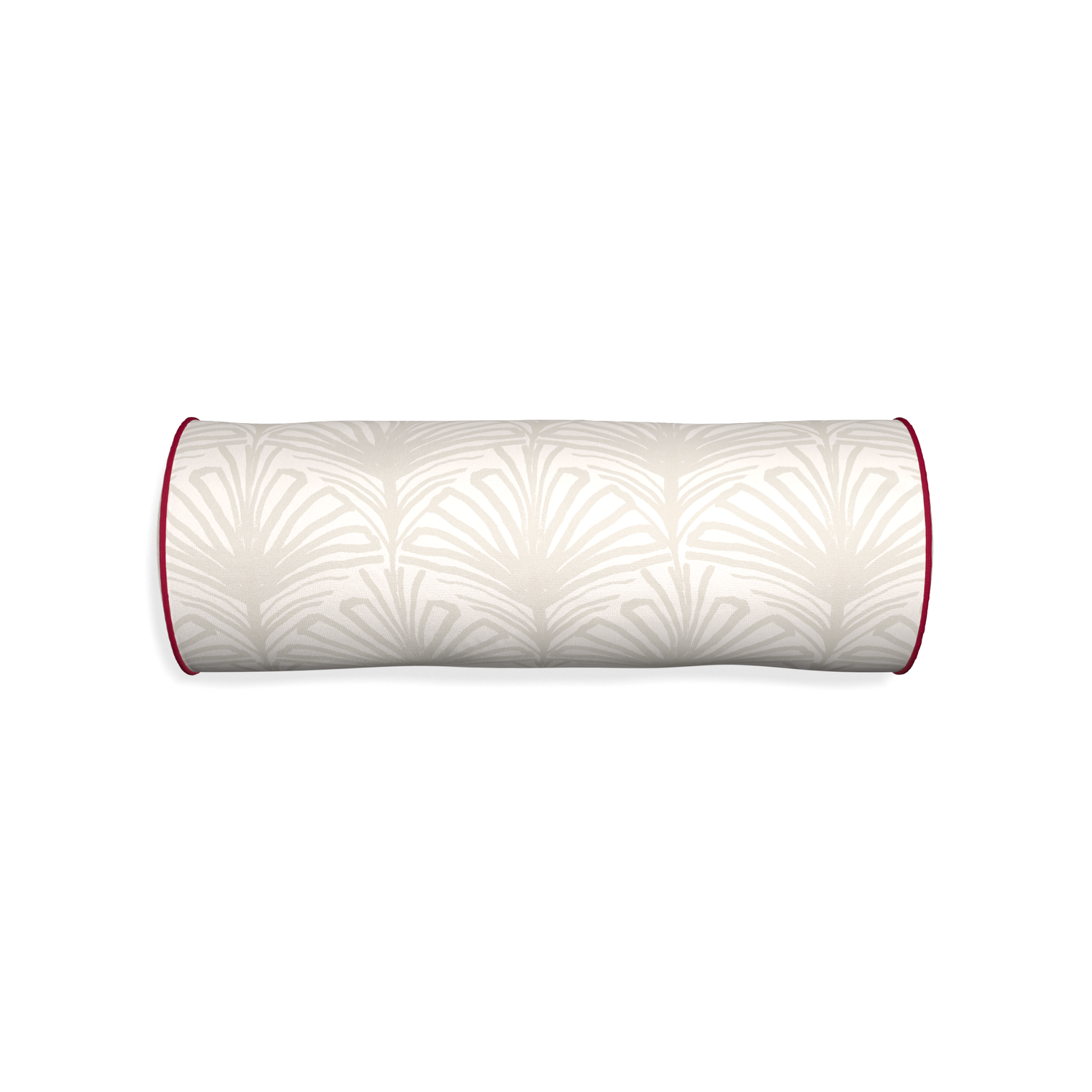 Bolster suzy sand custom beige palmpillow with raspberry piping on white background