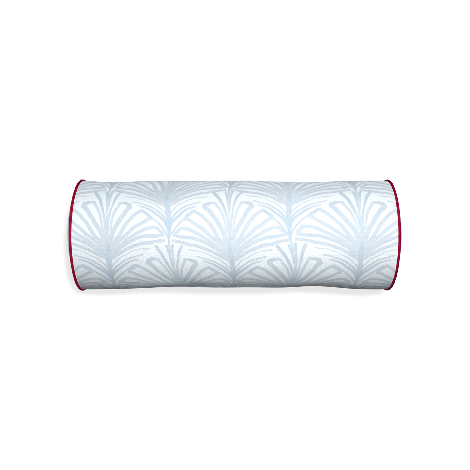 Bolster suzy sky custom pillow with raspberry piping on white background