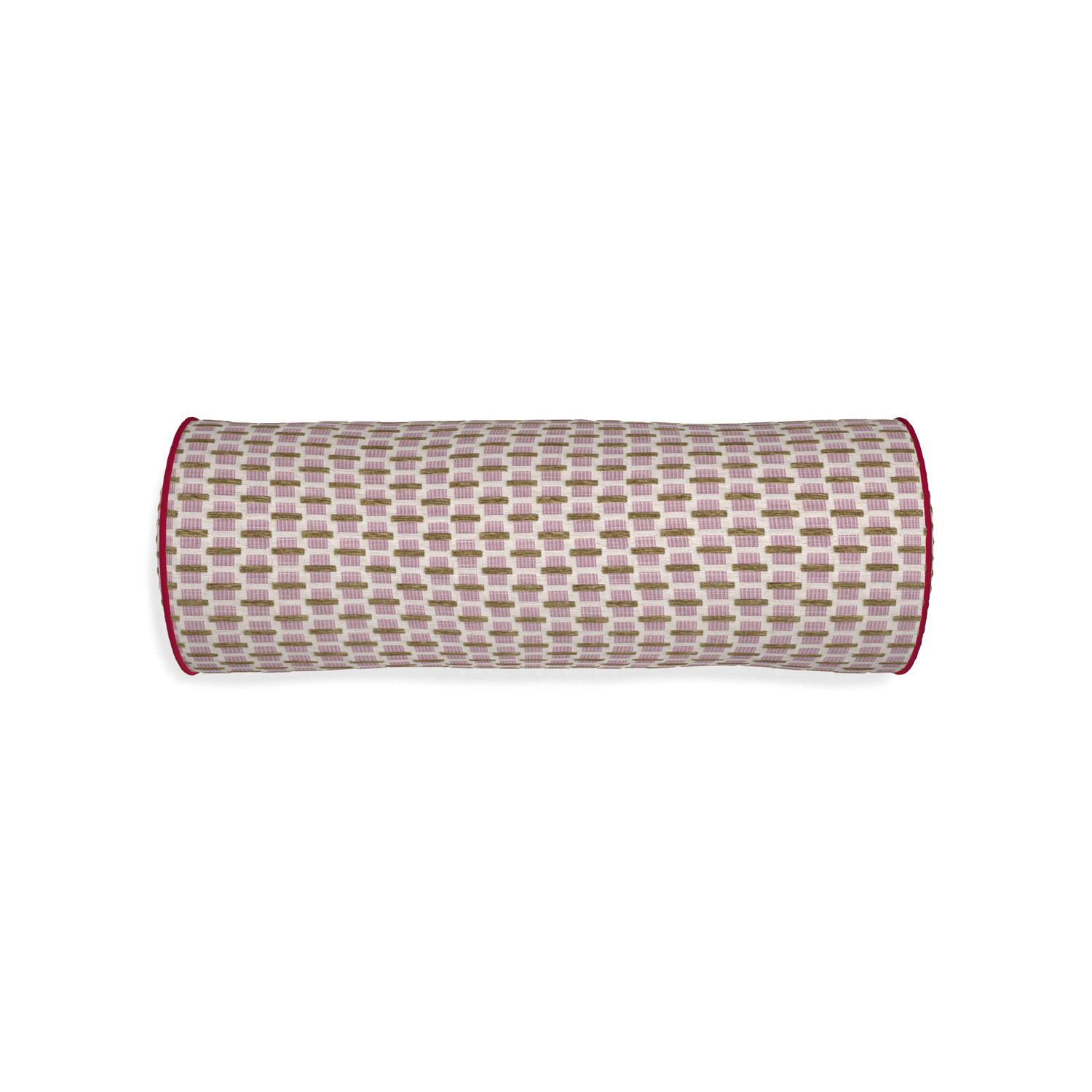 Bolster willow orchid custom pink geometric chenillepillow with raspberry piping on white background