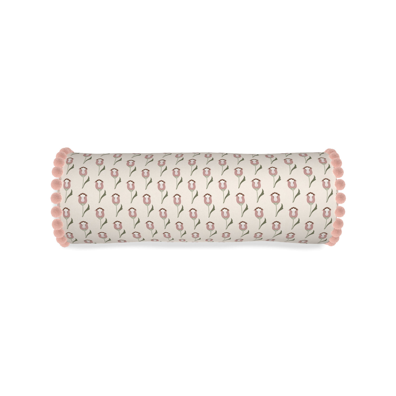 abstract floral pink bolster pillow with rose pink pom poms