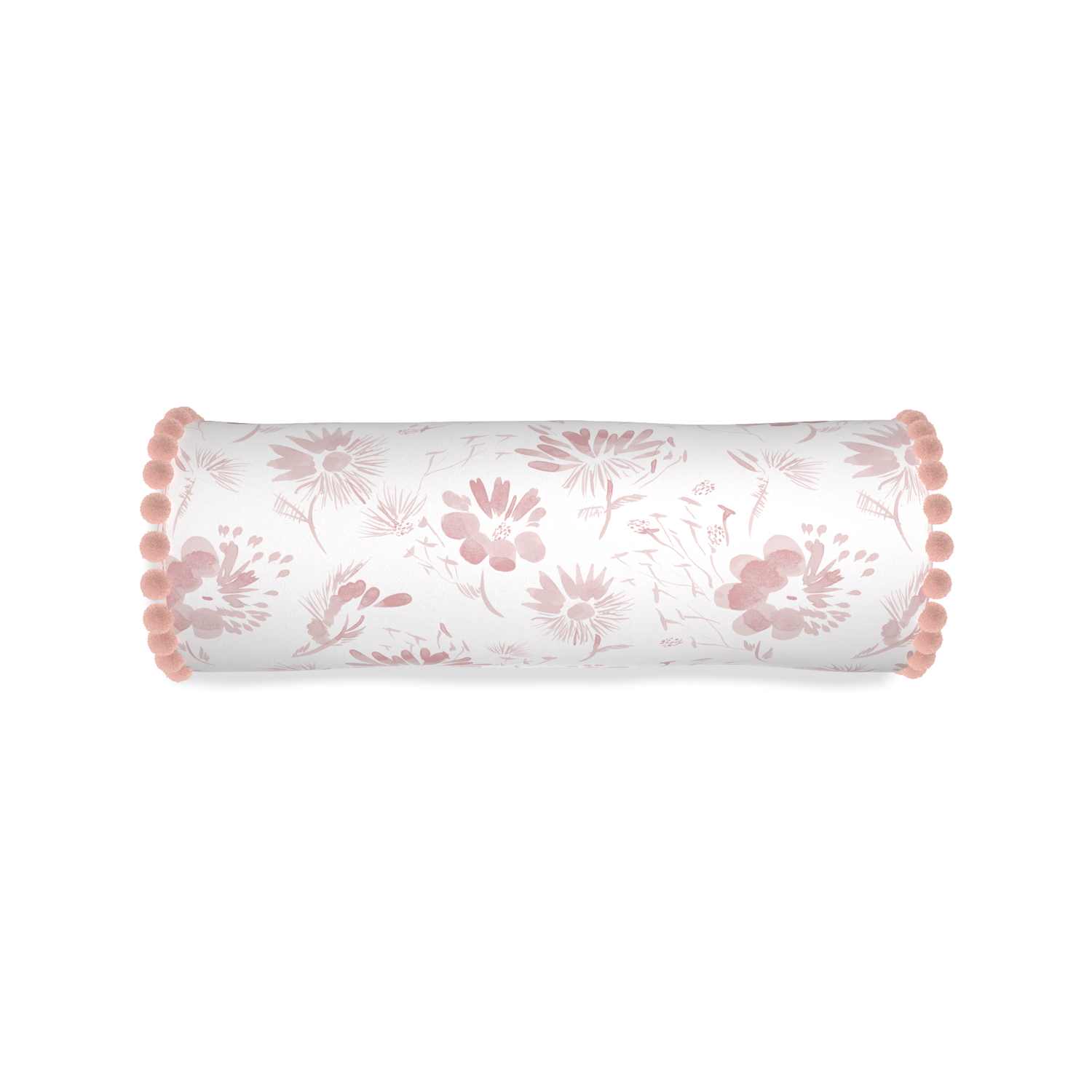 pink floral bolster pillow with rose pink pom poms