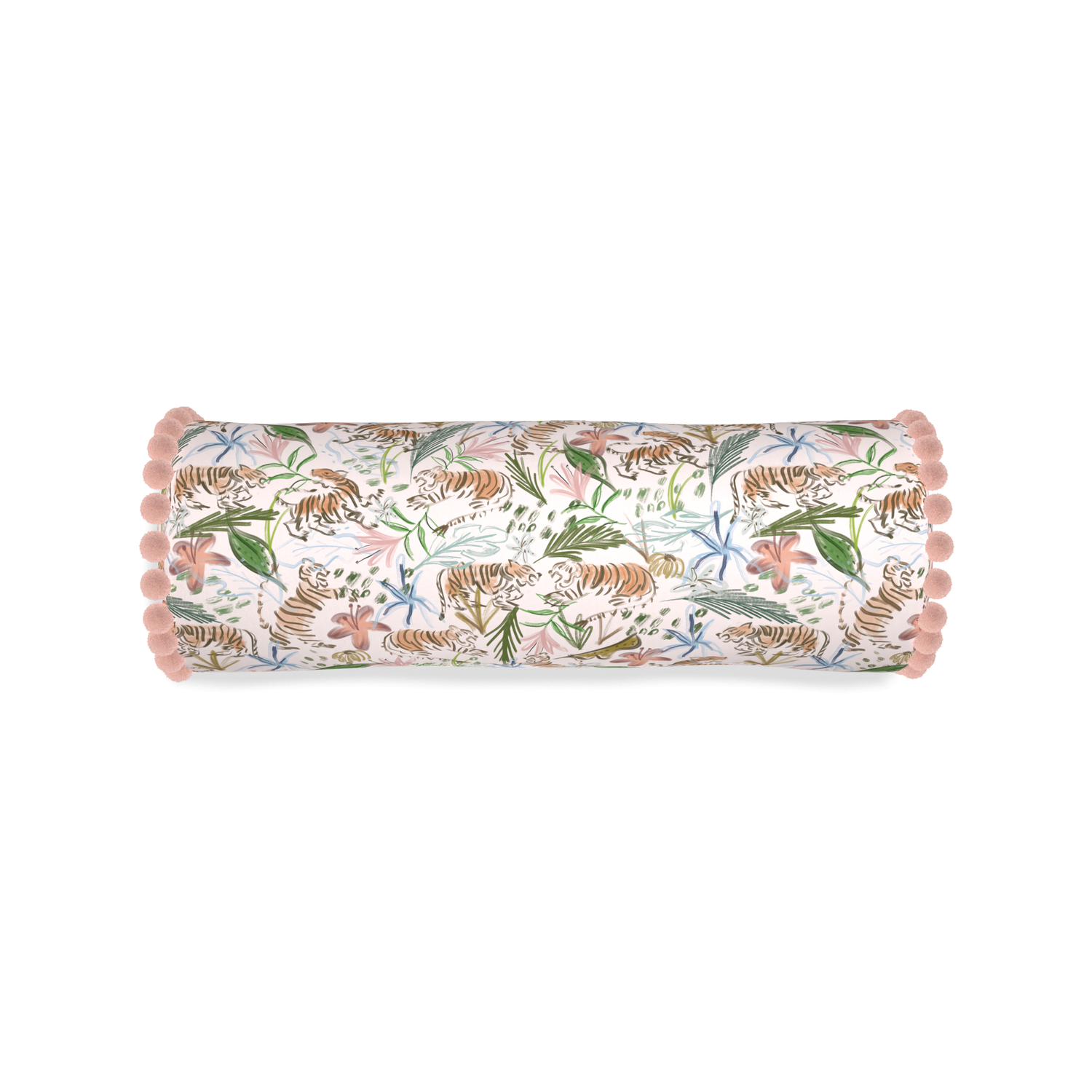Bolster frida pink custom pink chinoiserie tigerpillow with rose pom pom on white background