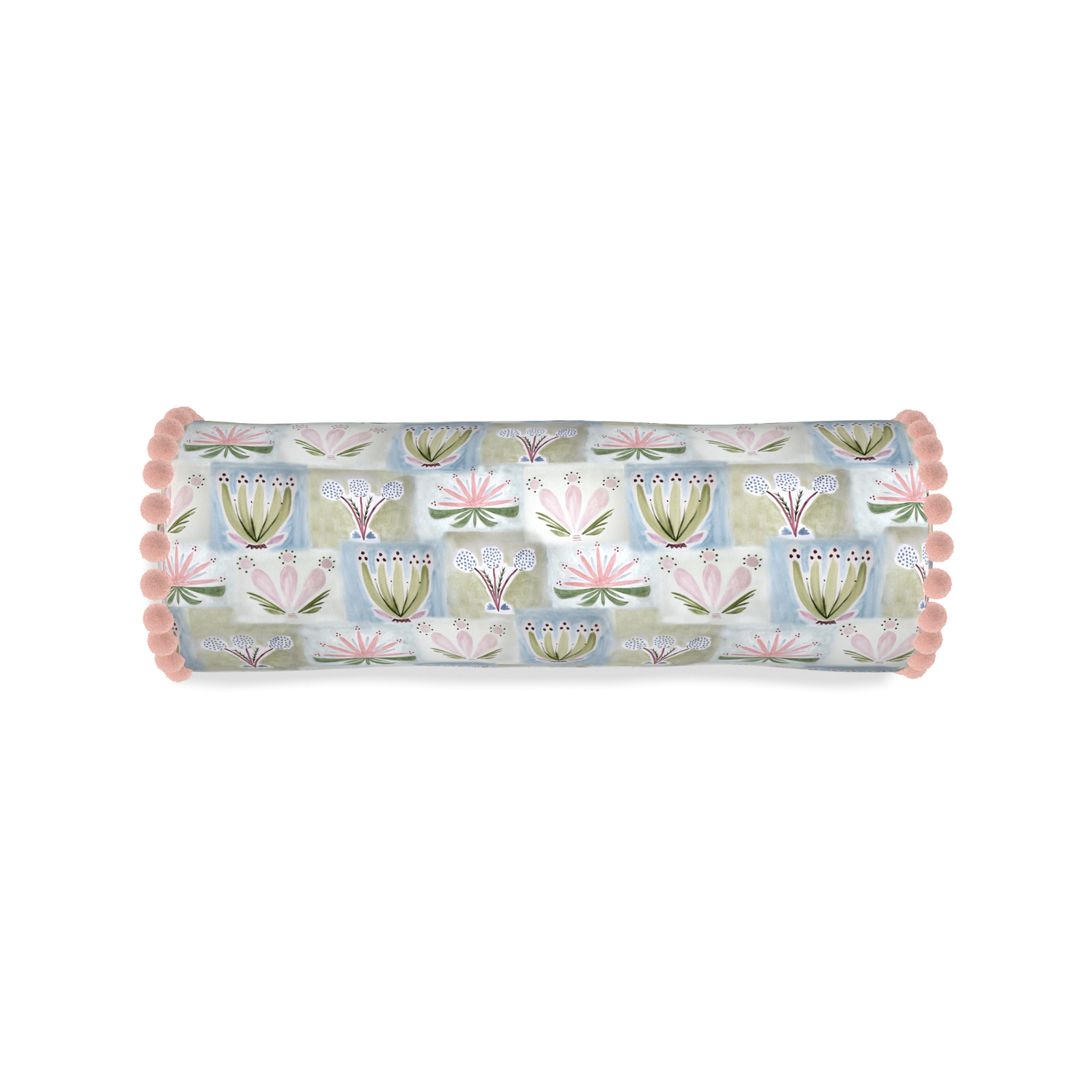 hand painted floral bolster pillow with rose pink pom poms