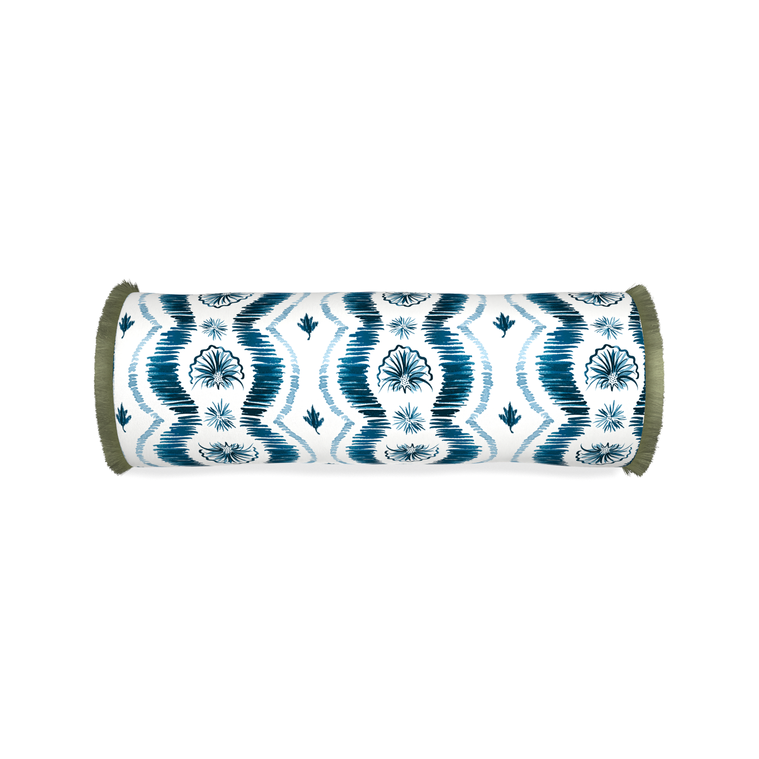 Bolster alice custom blue ikatpillow with sage fringe on white background