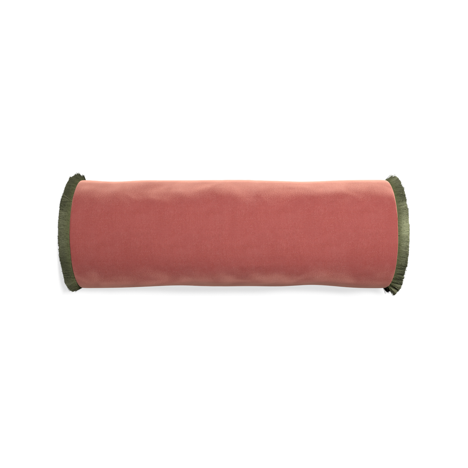 bolster coral velvet pillow with sage green fringe