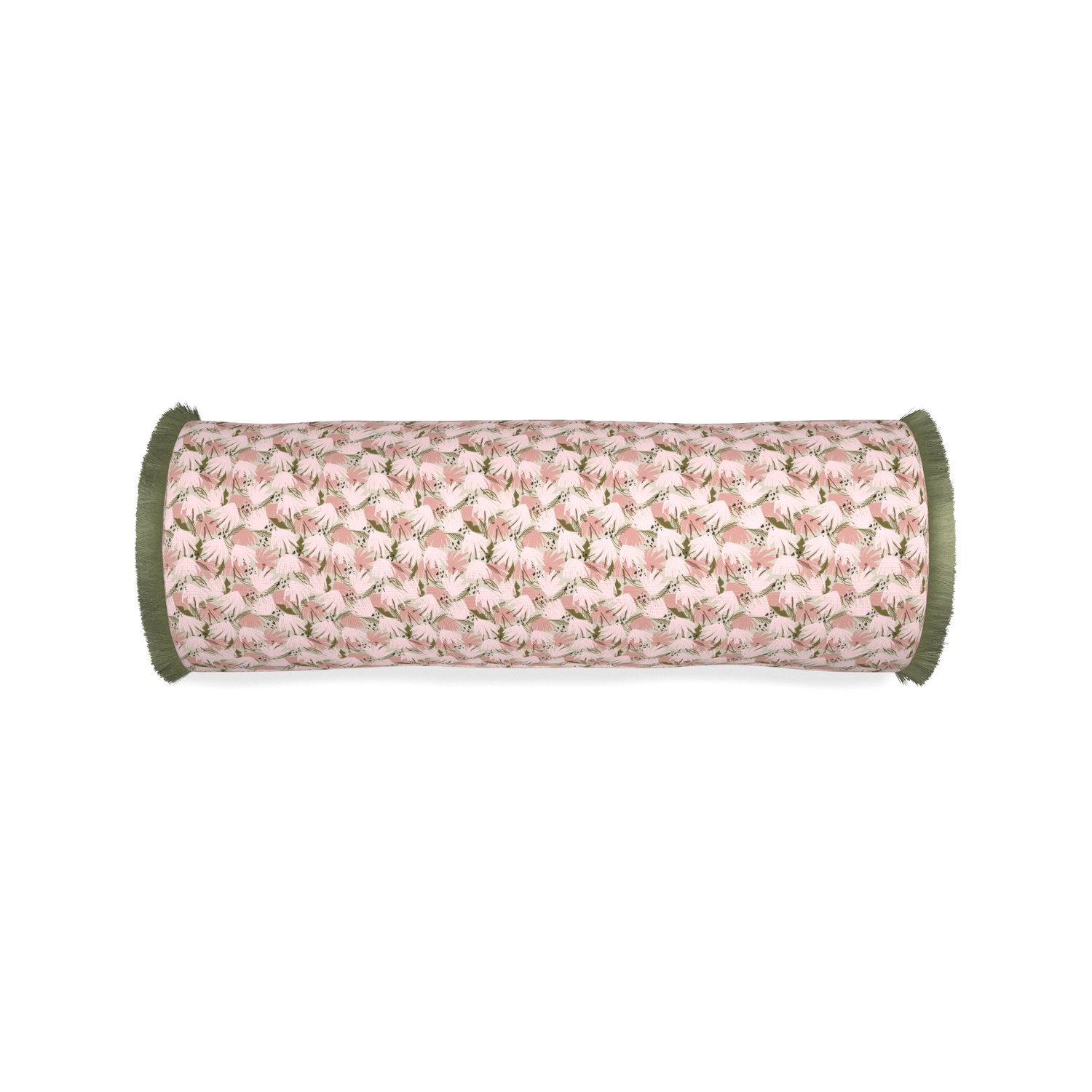 Bolster eden pink custom pink floralpillow with sage fringe on white background