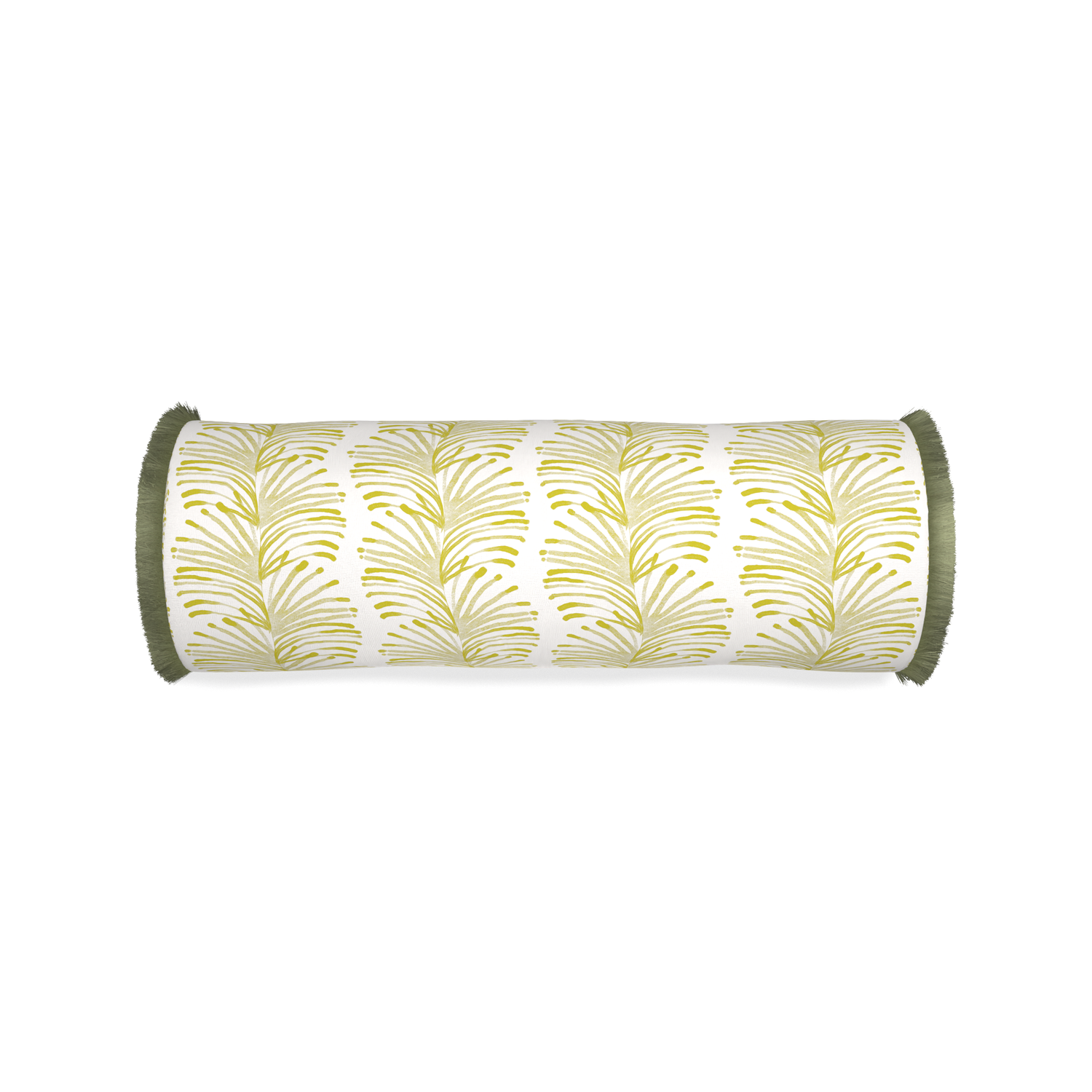 Bolster emma chartreuse custom pillow with sage fringe on white background