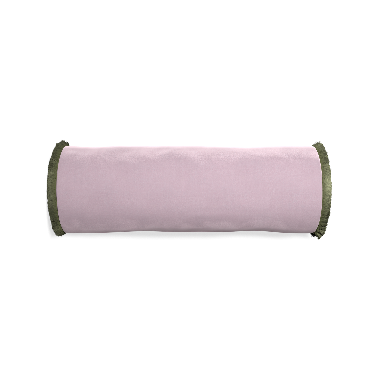 Bolster lilac velvet custom pillow with sage fringe on white background