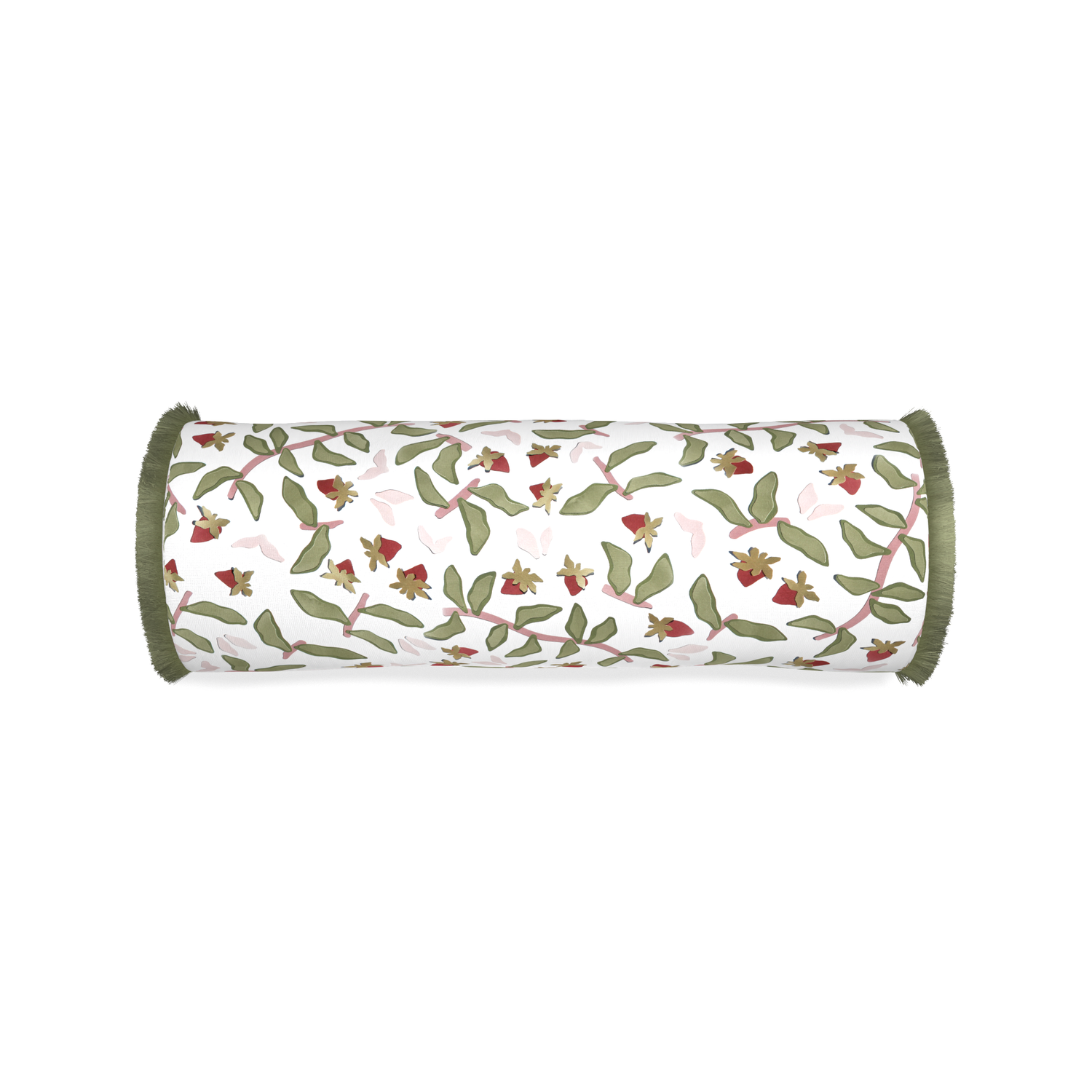 Bolster nellie custom strawberry & botanicalpillow with sage fringe on white background