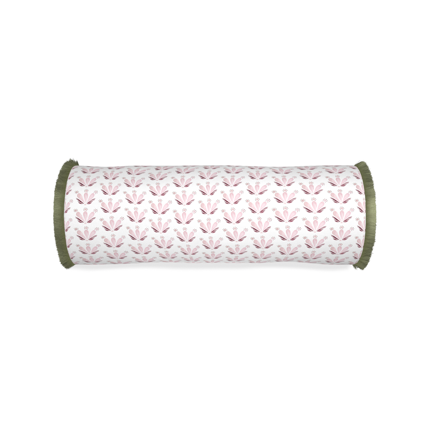Bolster serena pink custom pink & burgundy drop repeat floralpillow with sage fringe on white background