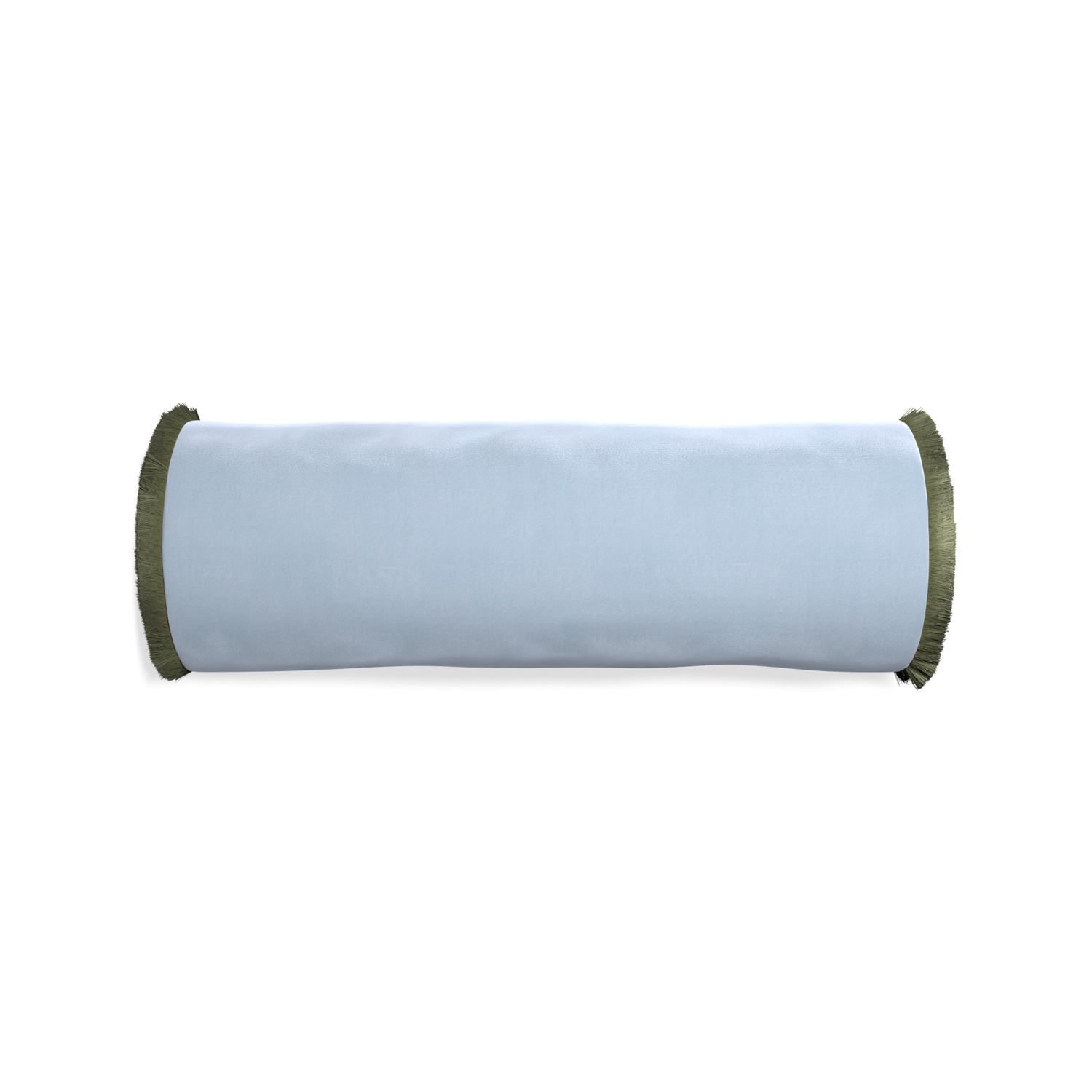 Bolster sky velvet custom pillow with sage fringe on white background