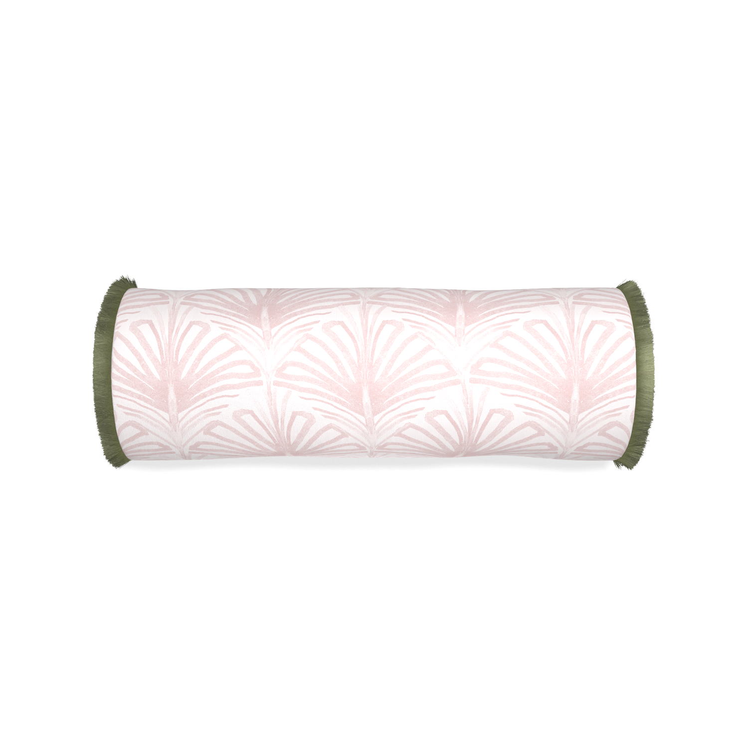 Bolster suzy rose custom rose pink palmpillow with sage fringe on white background