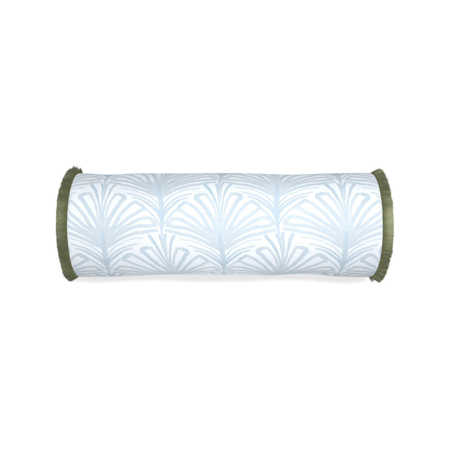 Bolster suzy sky custom sky blue palmpillow with sage fringe on white background