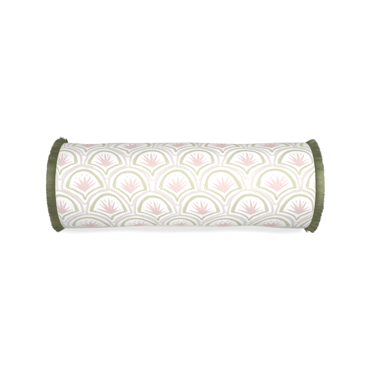 Bolster thatcher rose custom pillow with sage fringe on white background
