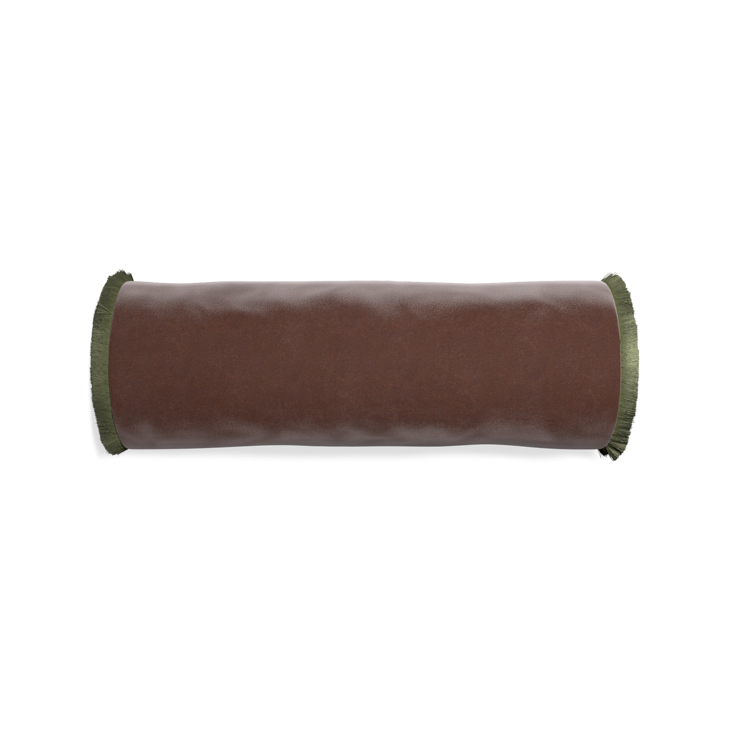 bolster brown velvet pillow with sage green fringe