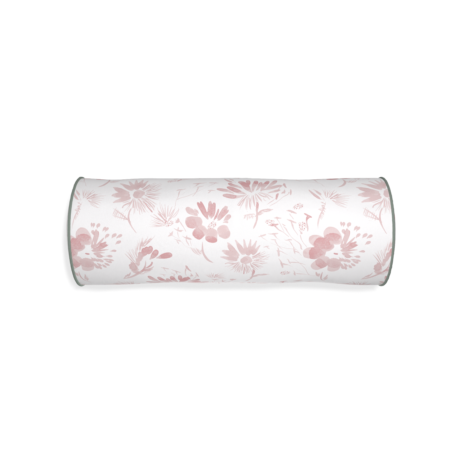 Bolster blake custom pink floralpillow with sage piping on white background