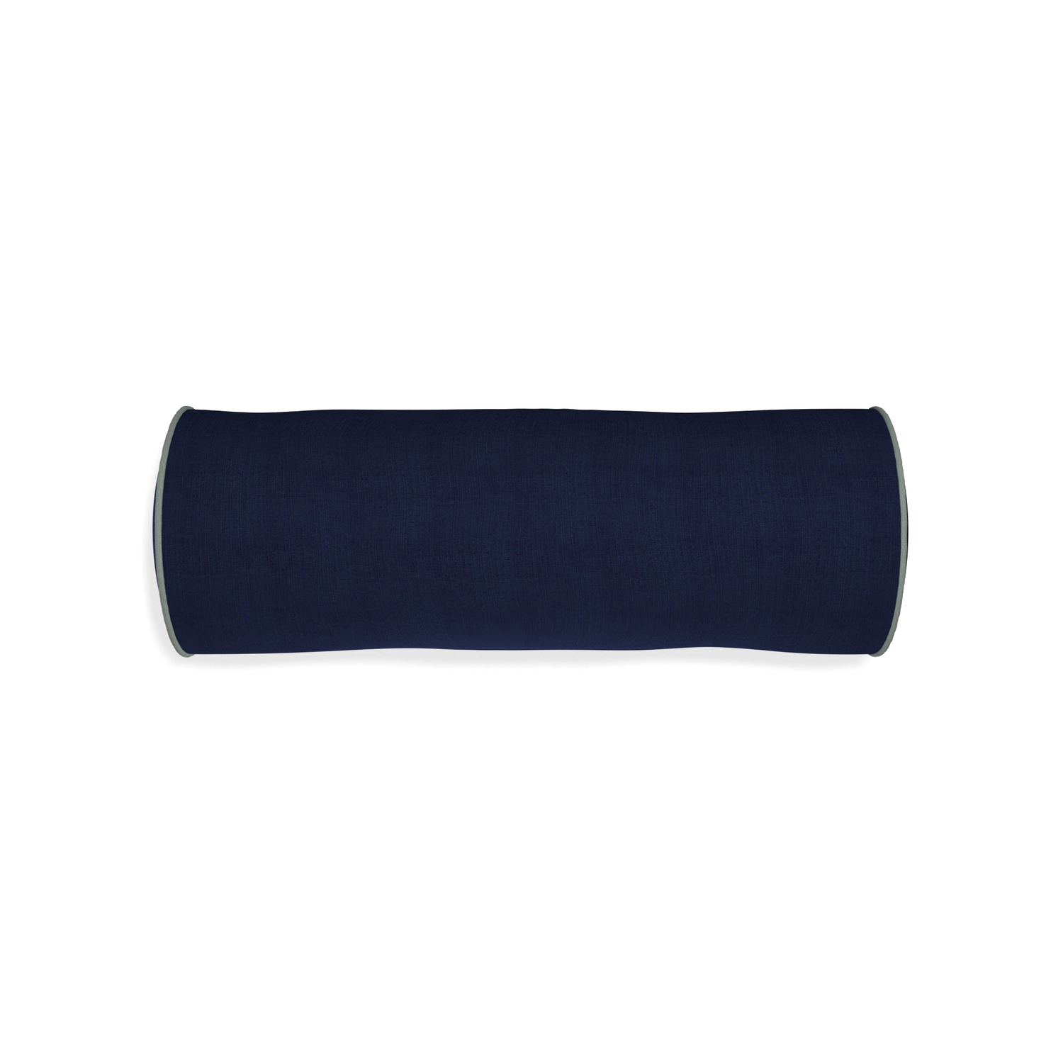 Bolster midnight custom navy bluepillow with sage piping on white background