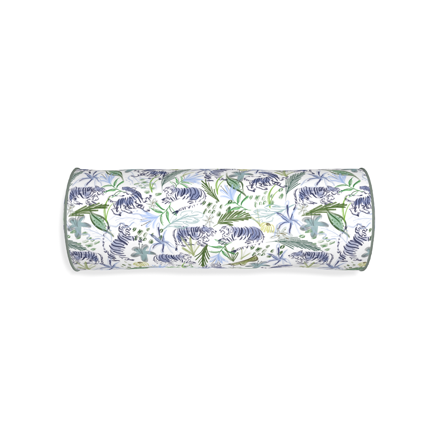 Bolster frida green custom green tigerpillow with sage piping on white background