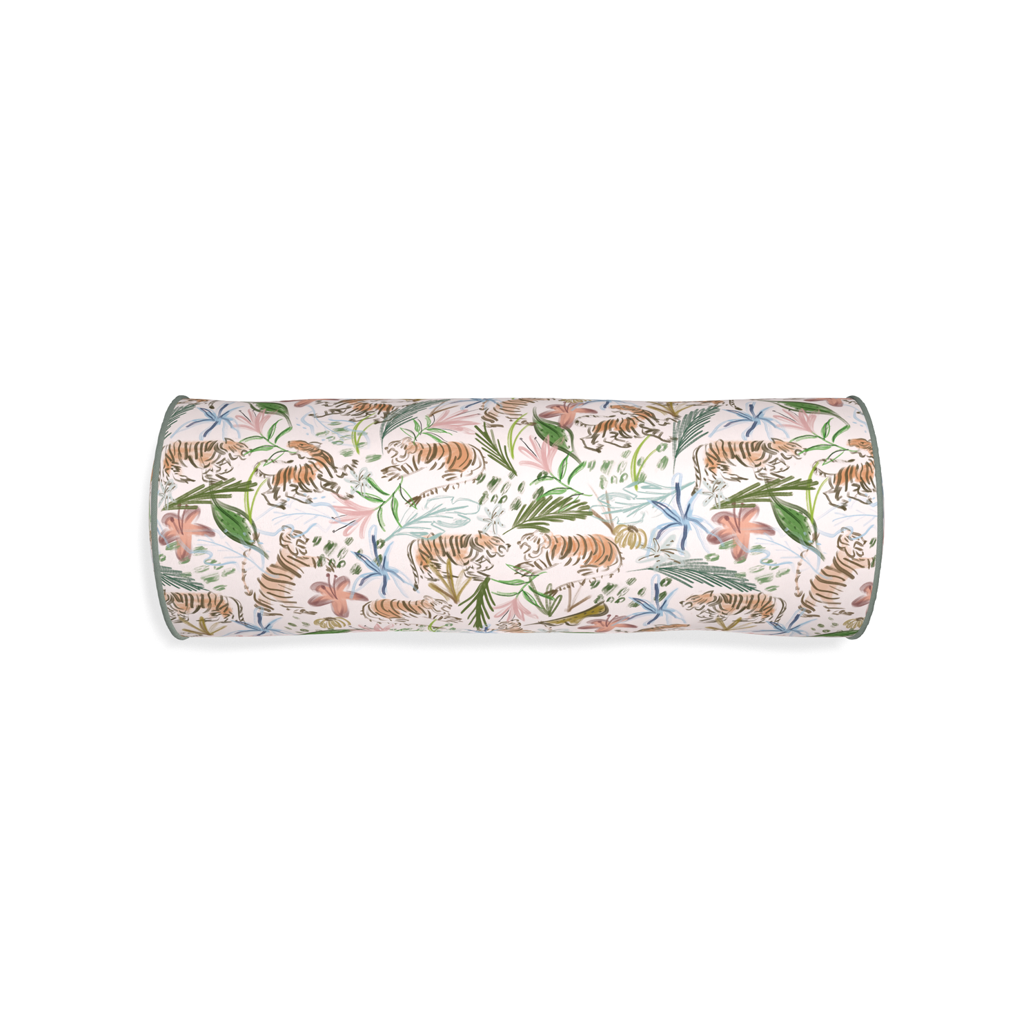 Bolster frida pink custom pink chinoiserie tigerpillow with sage piping on white background