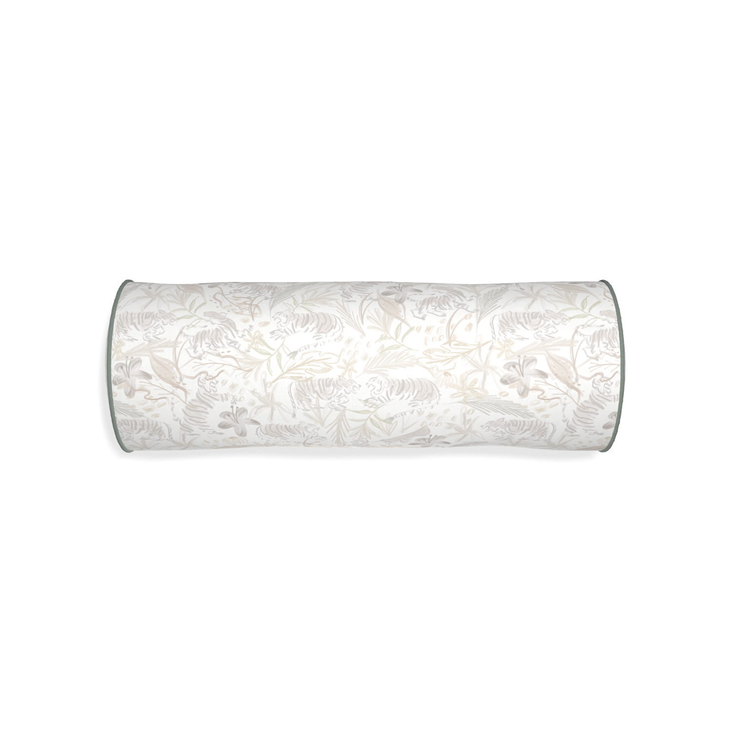 Bolster frida sand custom beige chinoiserie tigerpillow with sage piping on white background