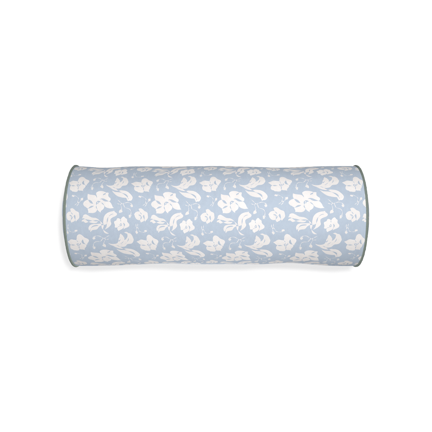 Bolster georgia custom cornflower blue floralpillow with sage piping on white background