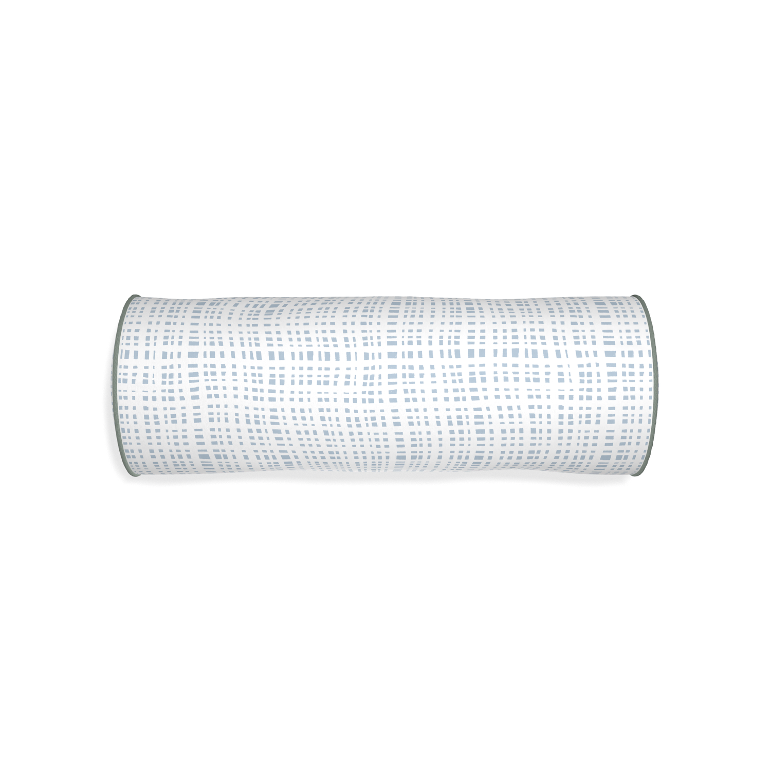 Bolster ginger custom plaid sky bluepillow with sage piping on white background