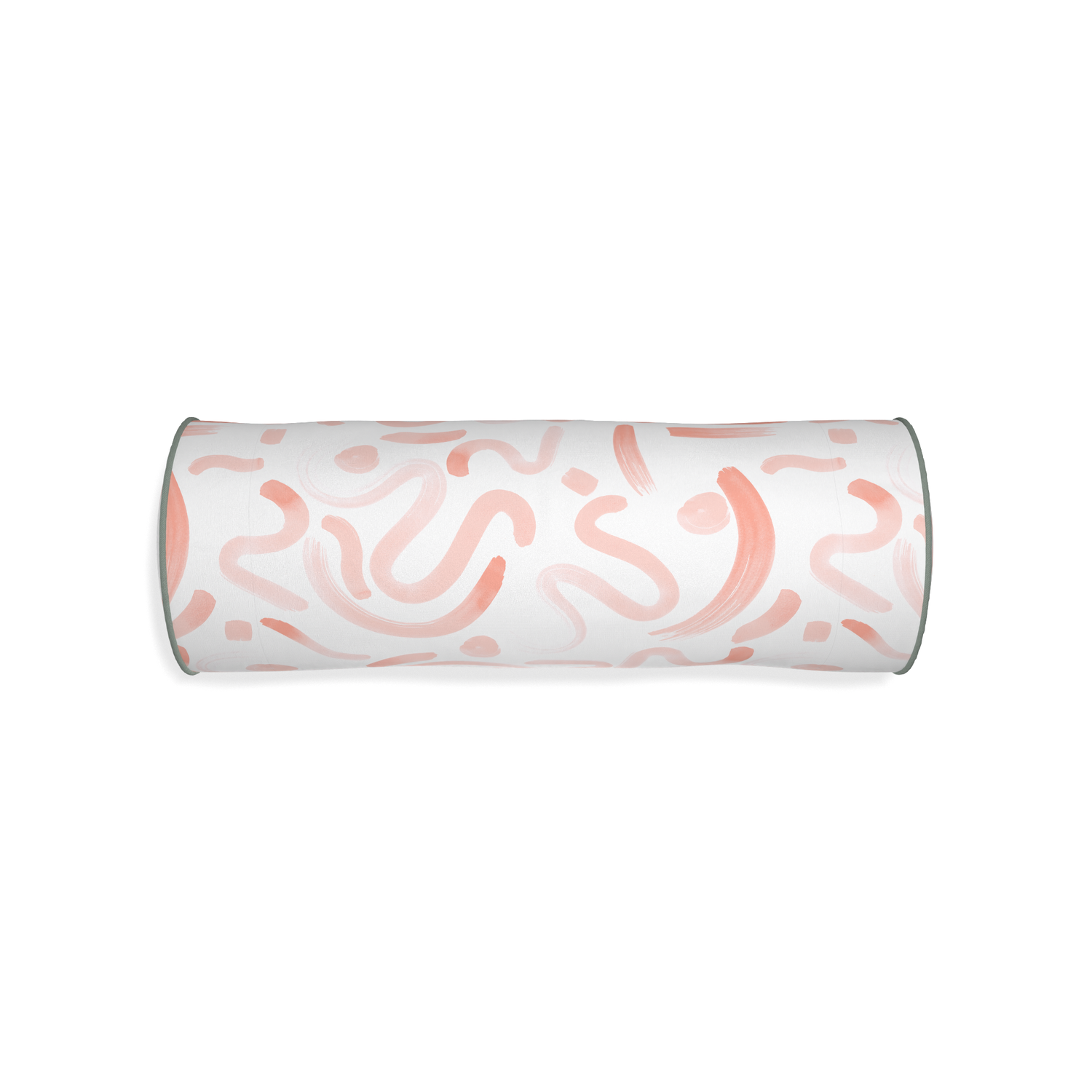 Bolster hockney pink custom pink graphicpillow with sage piping on white background