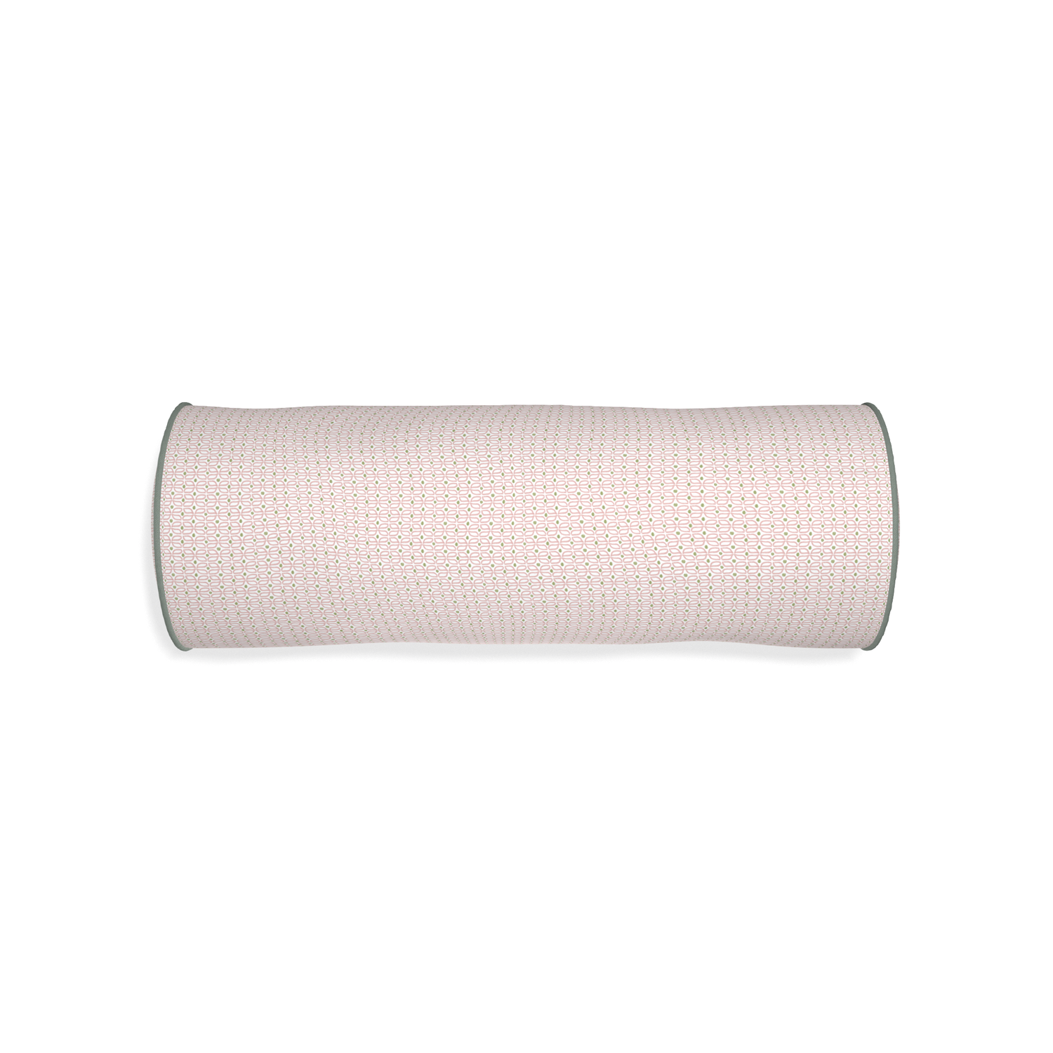 Bolster loomi pink custom pink geometricpillow with sage piping on white background