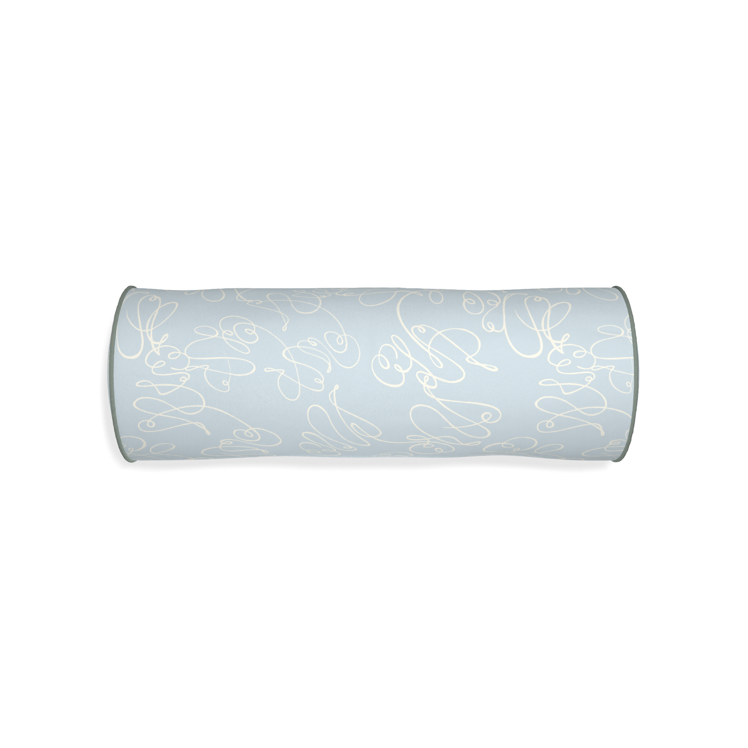 Bolster mirabella custom powder blue abstractpillow with sage piping on white background