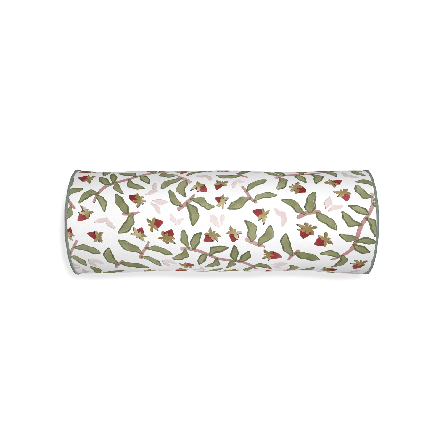 Bolster nellie custom strawberry & botanicalpillow with sage piping on white background
