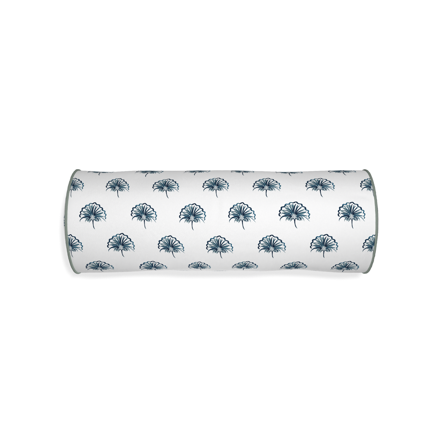 Bolster penelope midnight custom floral navypillow with sage piping on white background