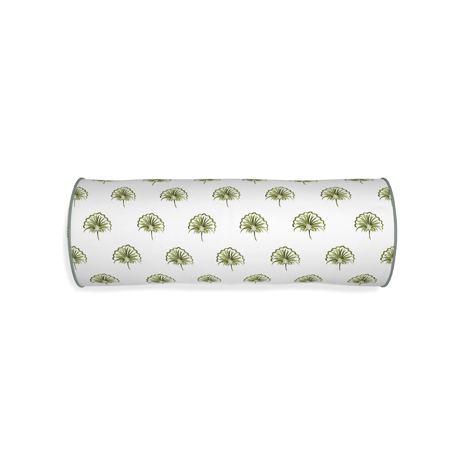 Bolster penelope moss custom green floralpillow with sage piping on white background